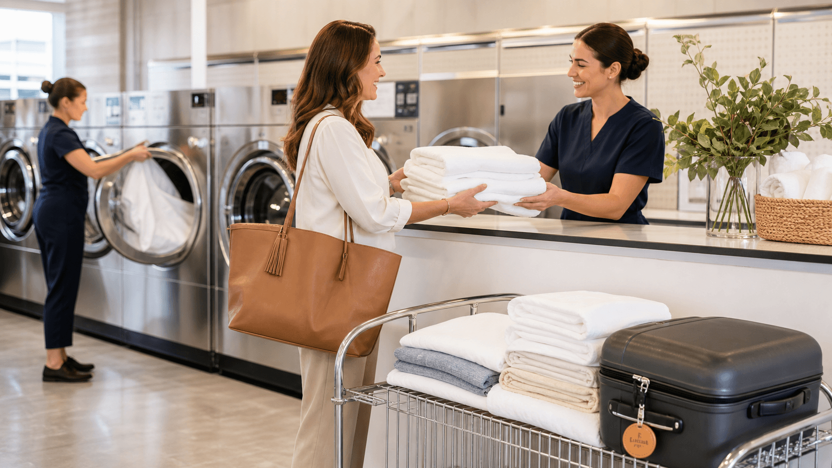 Bright, sunlit laundry room with neatly folded white towels in a wicker basket beside a stacked washer and dryer.