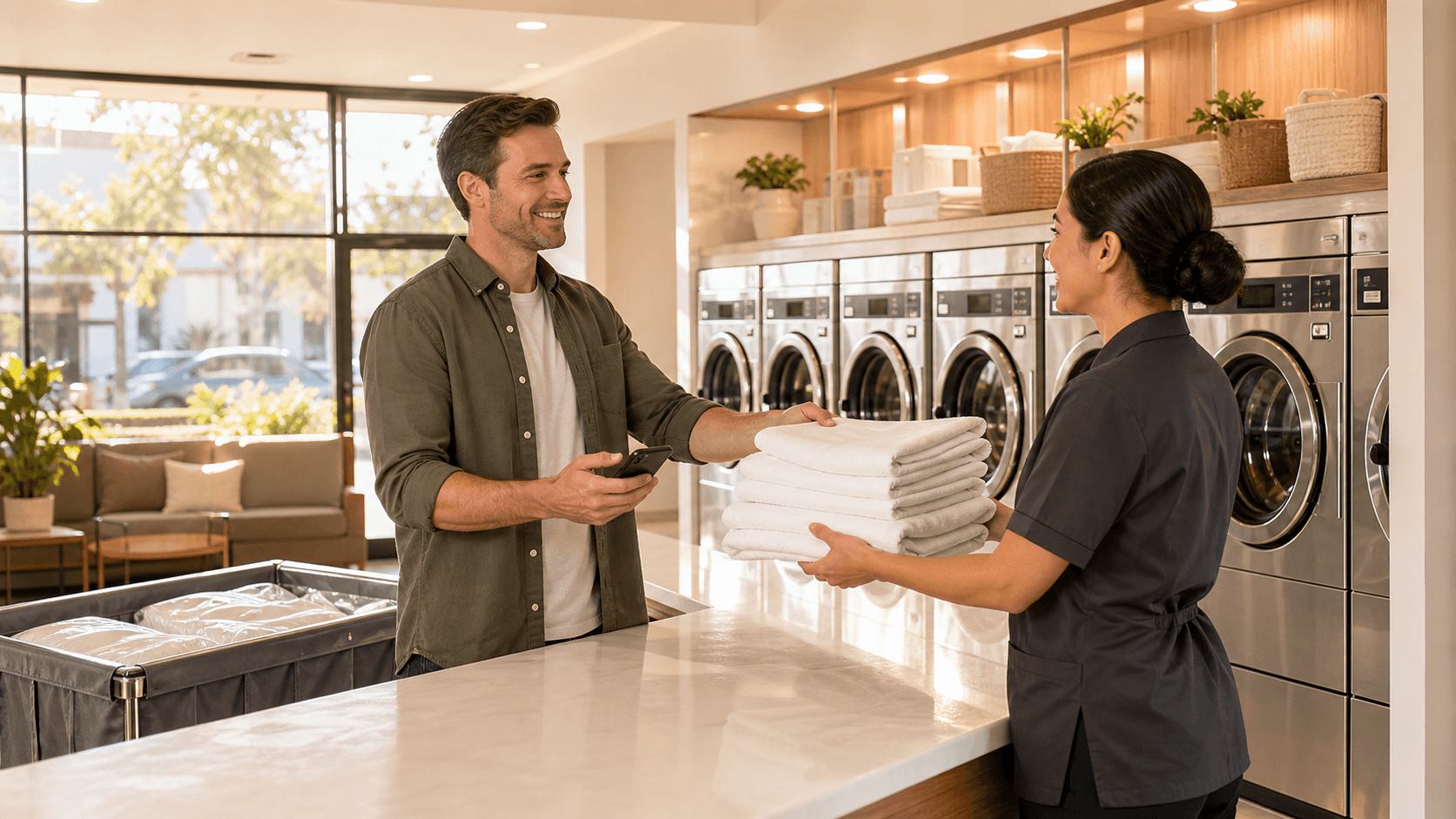 Bright modern laundry room with stacked washer and dryer, folded towels on shelf, and sunlit window