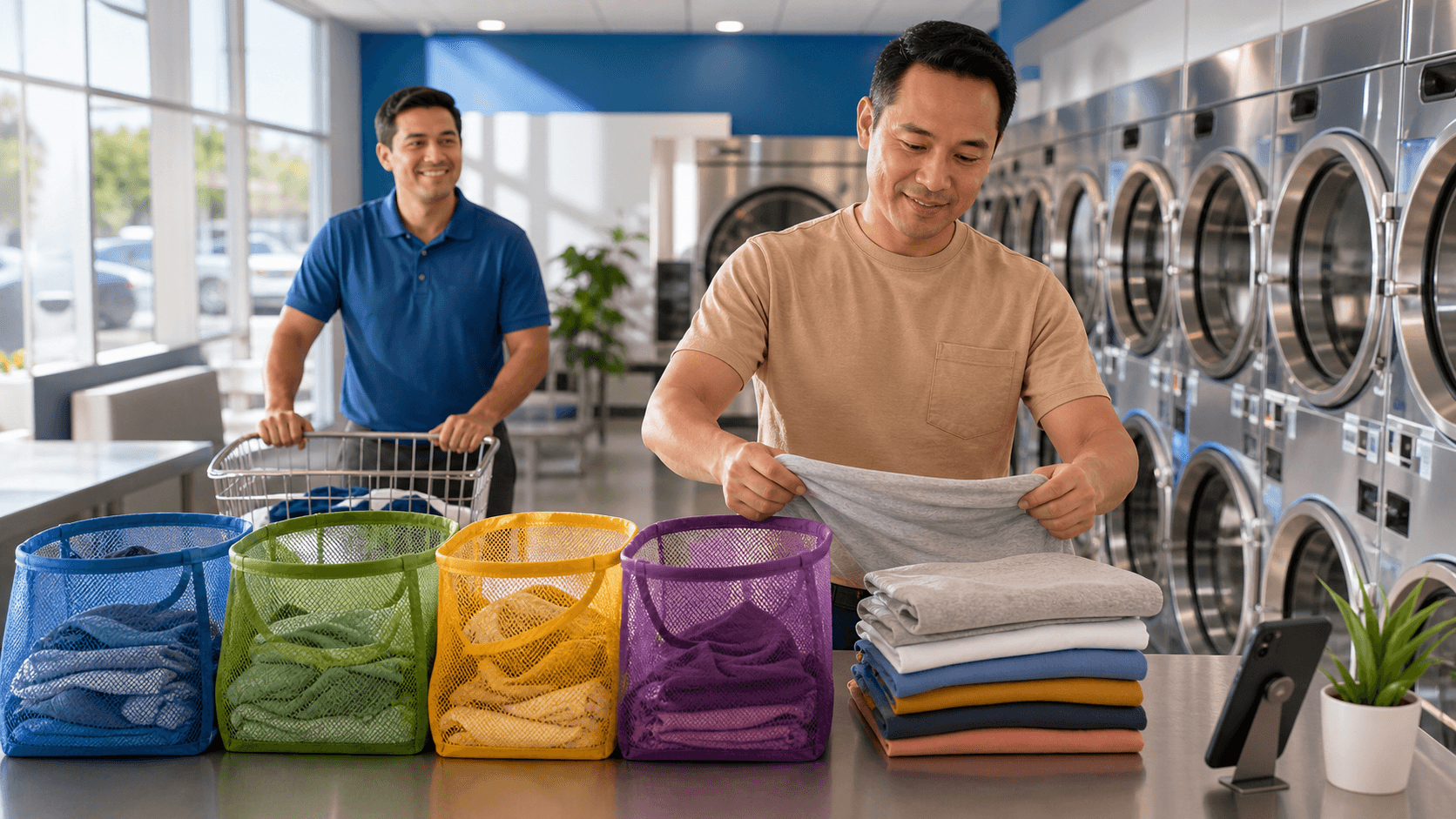 Bright laundry room with stacked washer-dryer, folded towels, and a basket of clothes on a shelf.