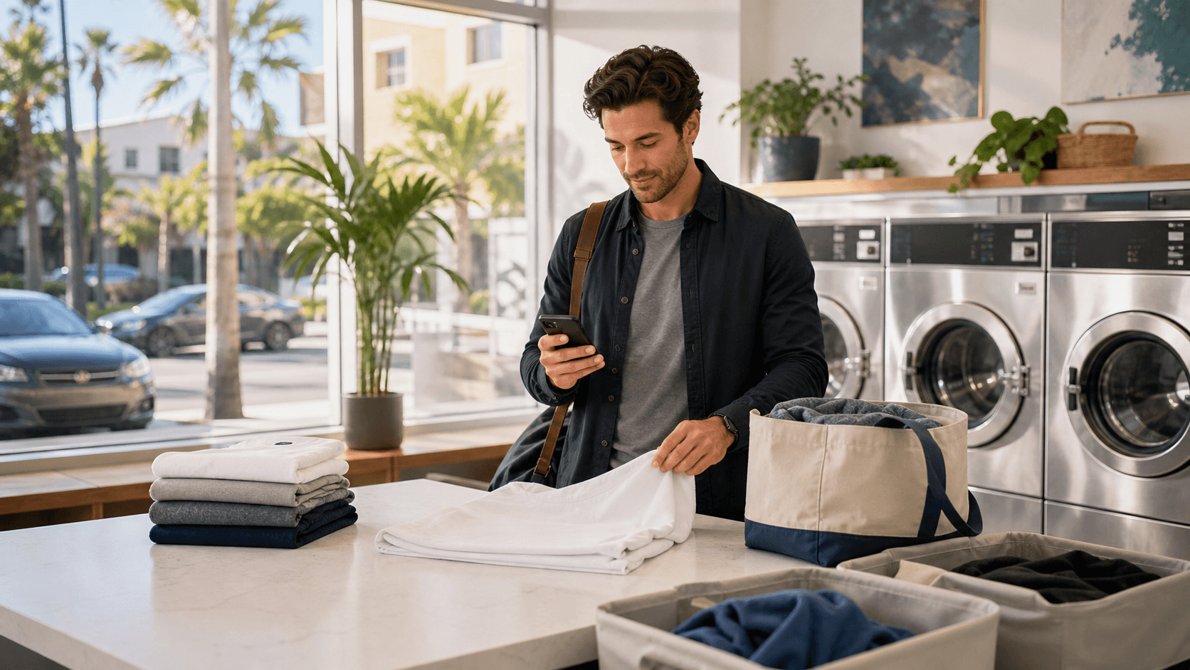 Bright modern laundromat with stainless washers, baskets of folded clothes, and sunlight through large windows