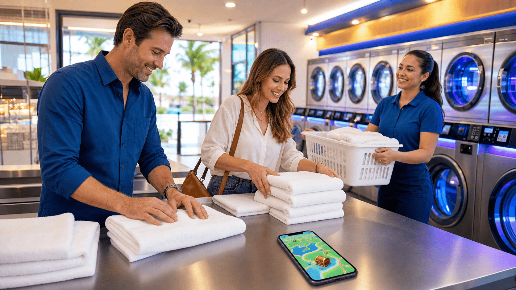 Bright laundromat interior with colorful washing machines and glowing treasure chests scattered across the floor.