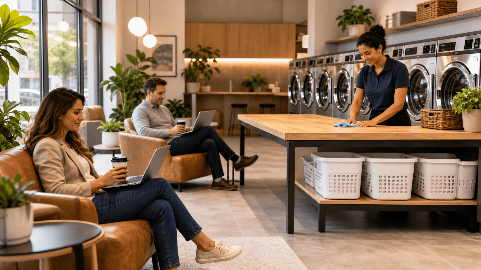 Bright modern laundromat interior with rows of stainless washers and cozy seating under warm pendant lights