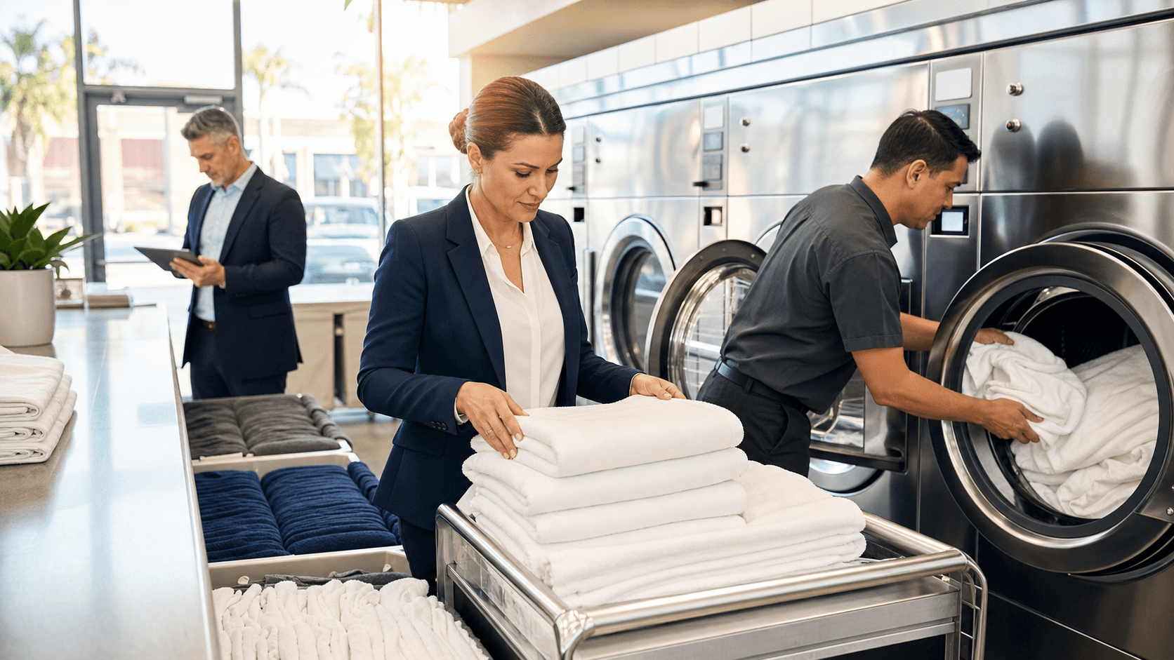 Bright laundry room with stainless commercial washers and folded towels on a counter, clean modern lighting