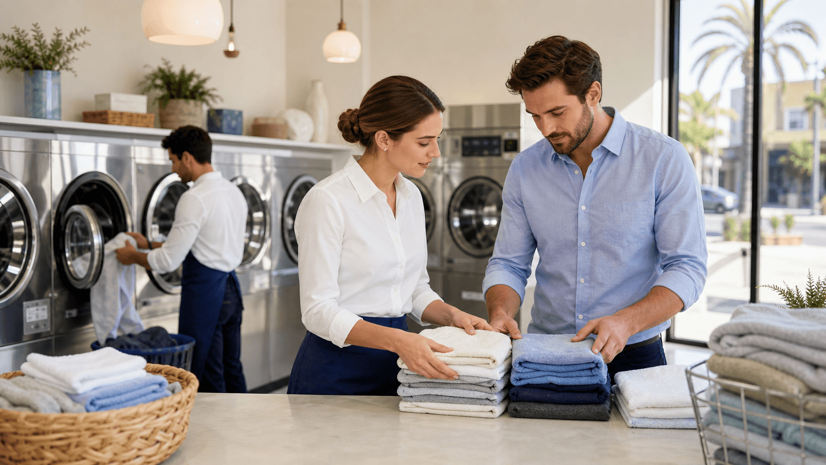 Split-screen laundromat interior with rows of washers and dryers, blue and orange accents, bright overhead lighting.
