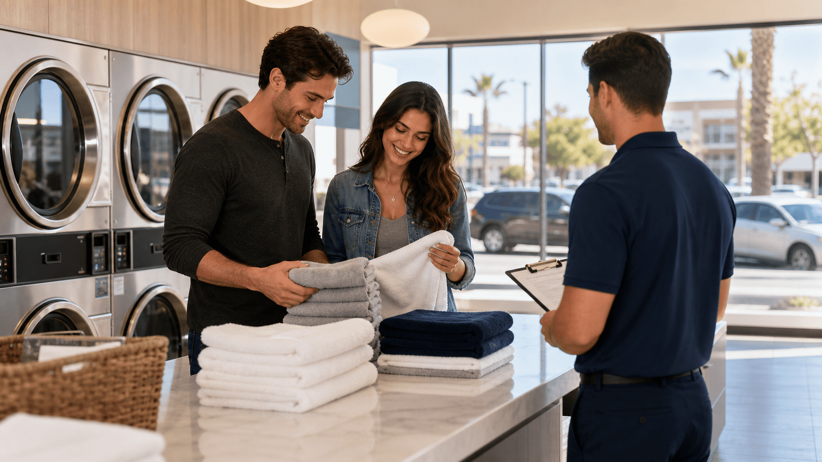 Split-screen laundromat scene with bright washers on one side and a cozy folding table and baskets on the other.