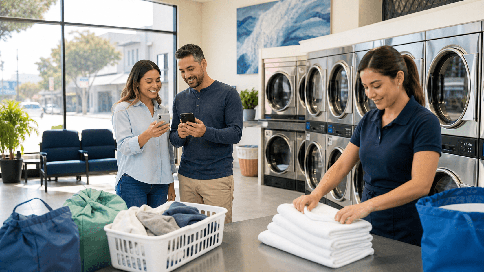 Split-screen laundromat interior with rows of washers and orange laundry bags under bright fluorescent lighting.