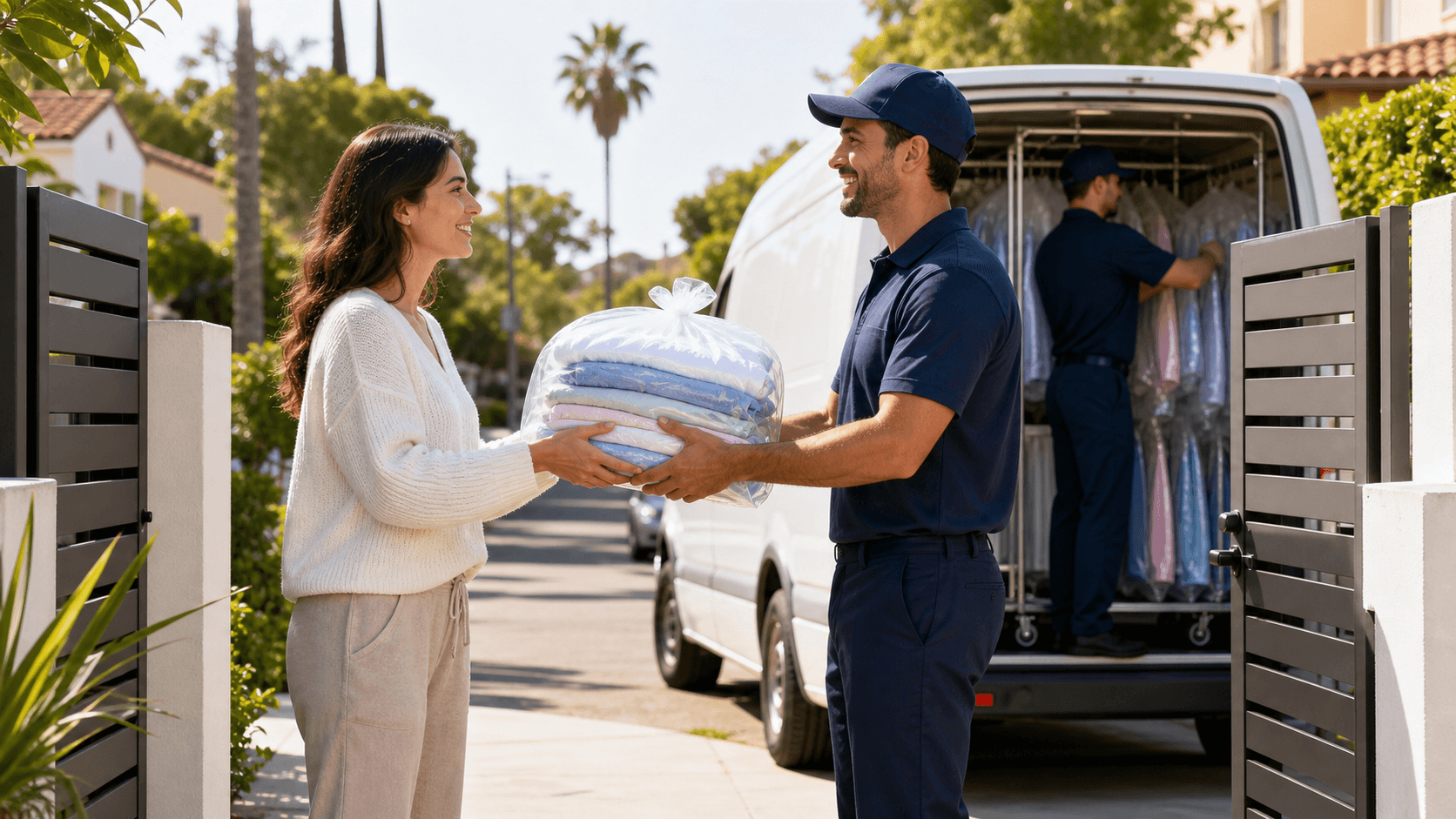 Laundry basket with folded clothes and a delivery van on a sunny city street, warm tones and clean layout