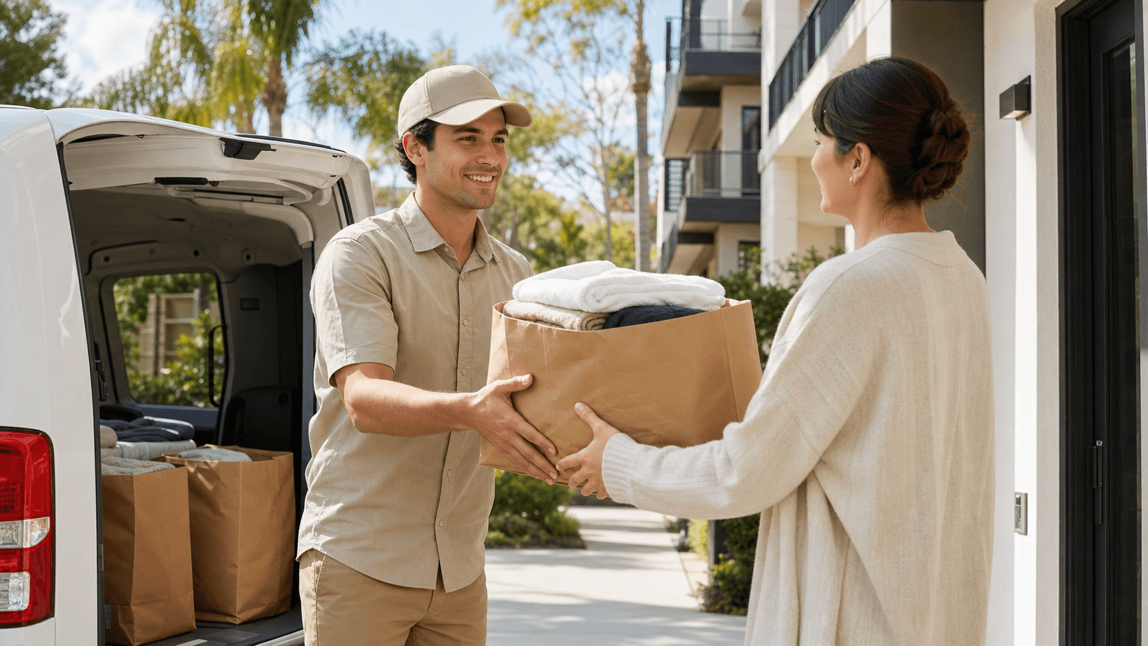 Sunny street scene with laundry baskets and a delivery van, pastel buildings and palm trees in the background.
