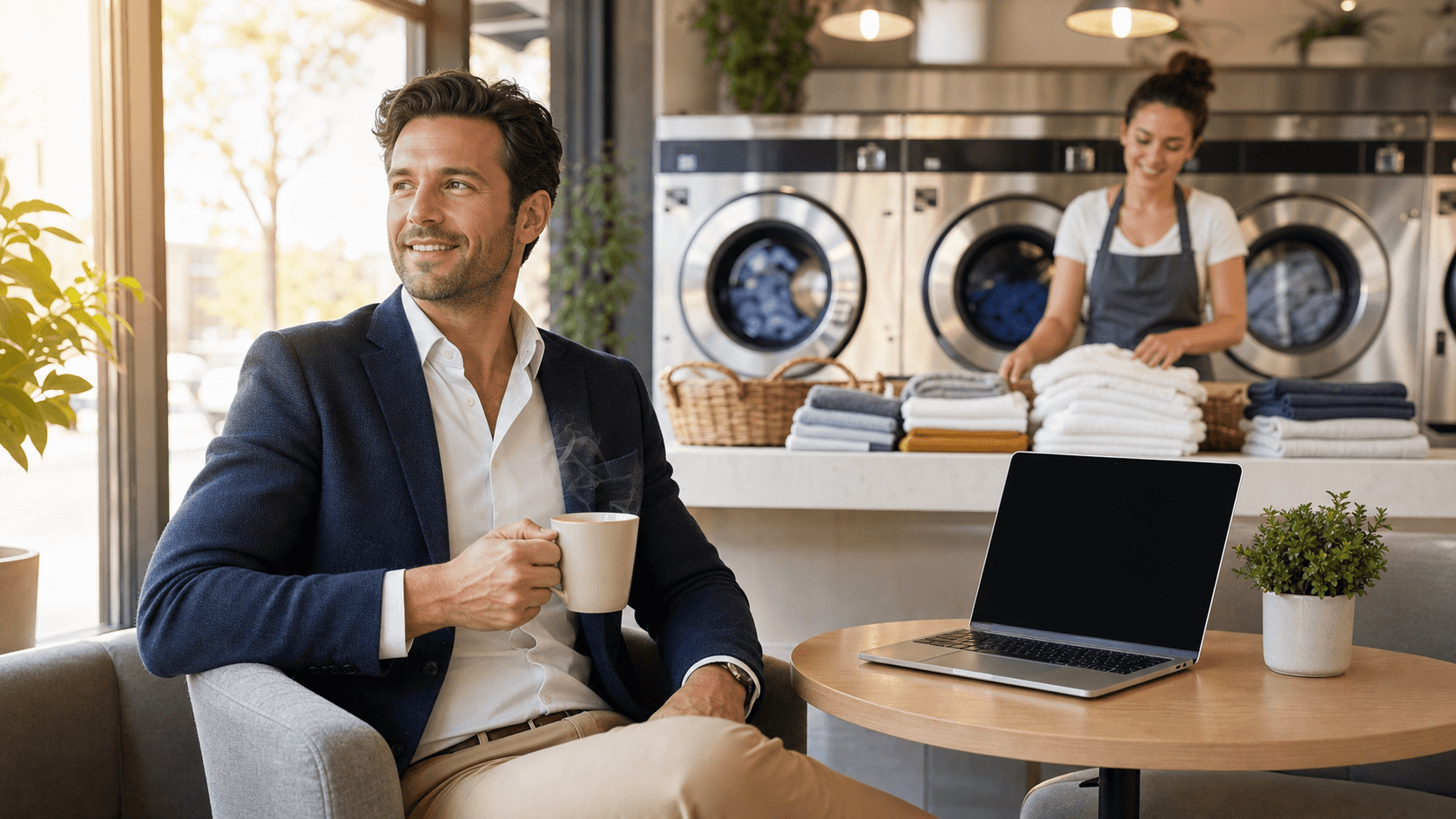Sunlit laundromat interior with rows of washers and a cozy coffee counter, warm tones and inviting seating.