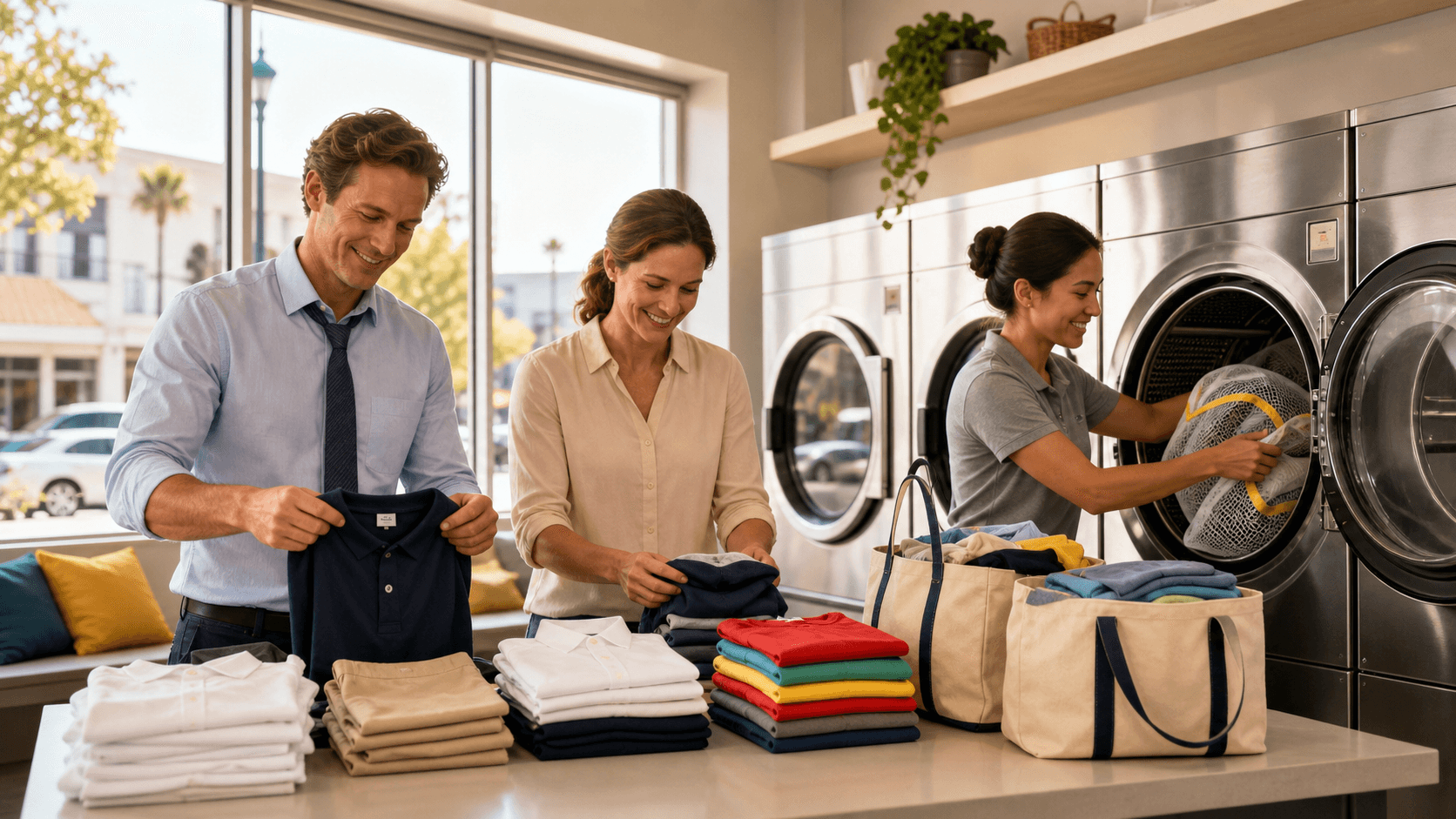 Bright laundry room with baskets of colorful clothes, backpacks on hooks, and a washing machine under warm light.