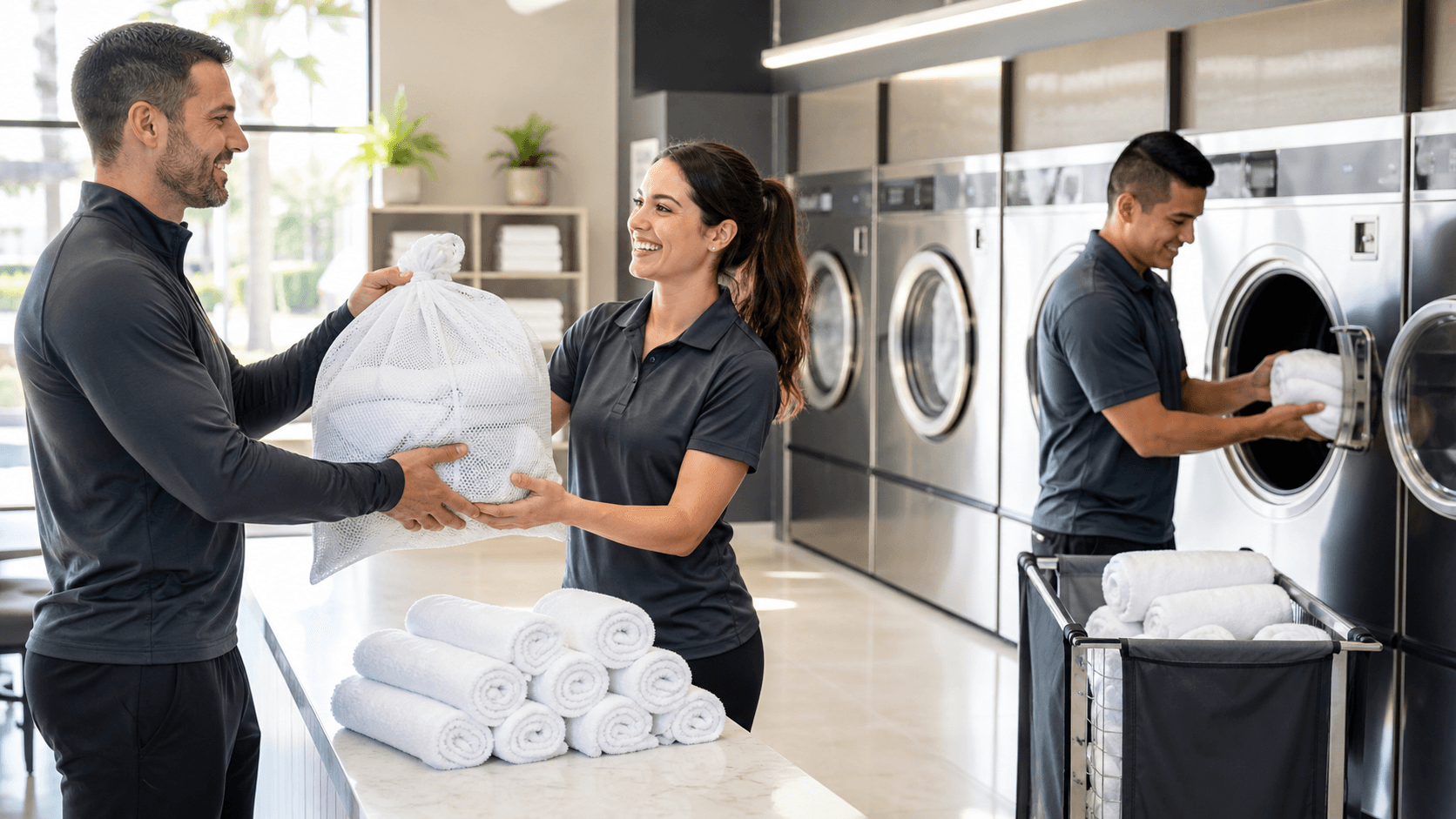 Stack of neatly folded white towels beside a washing machine, bright clean laundry room with soft natural light.