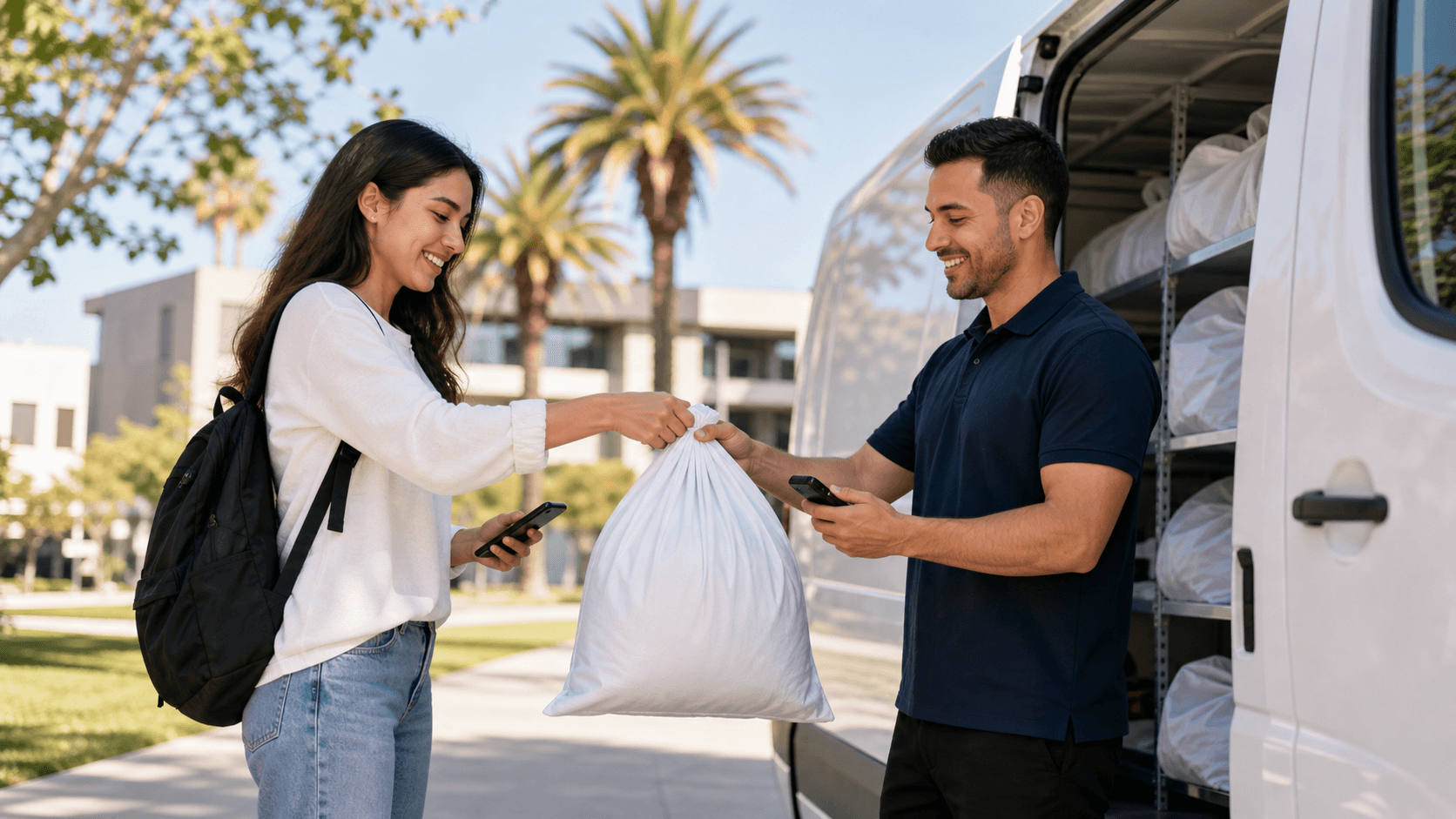 Sunlit campus scene with a student holding a laundry bag beside a white pickup van, palm trees in the background.