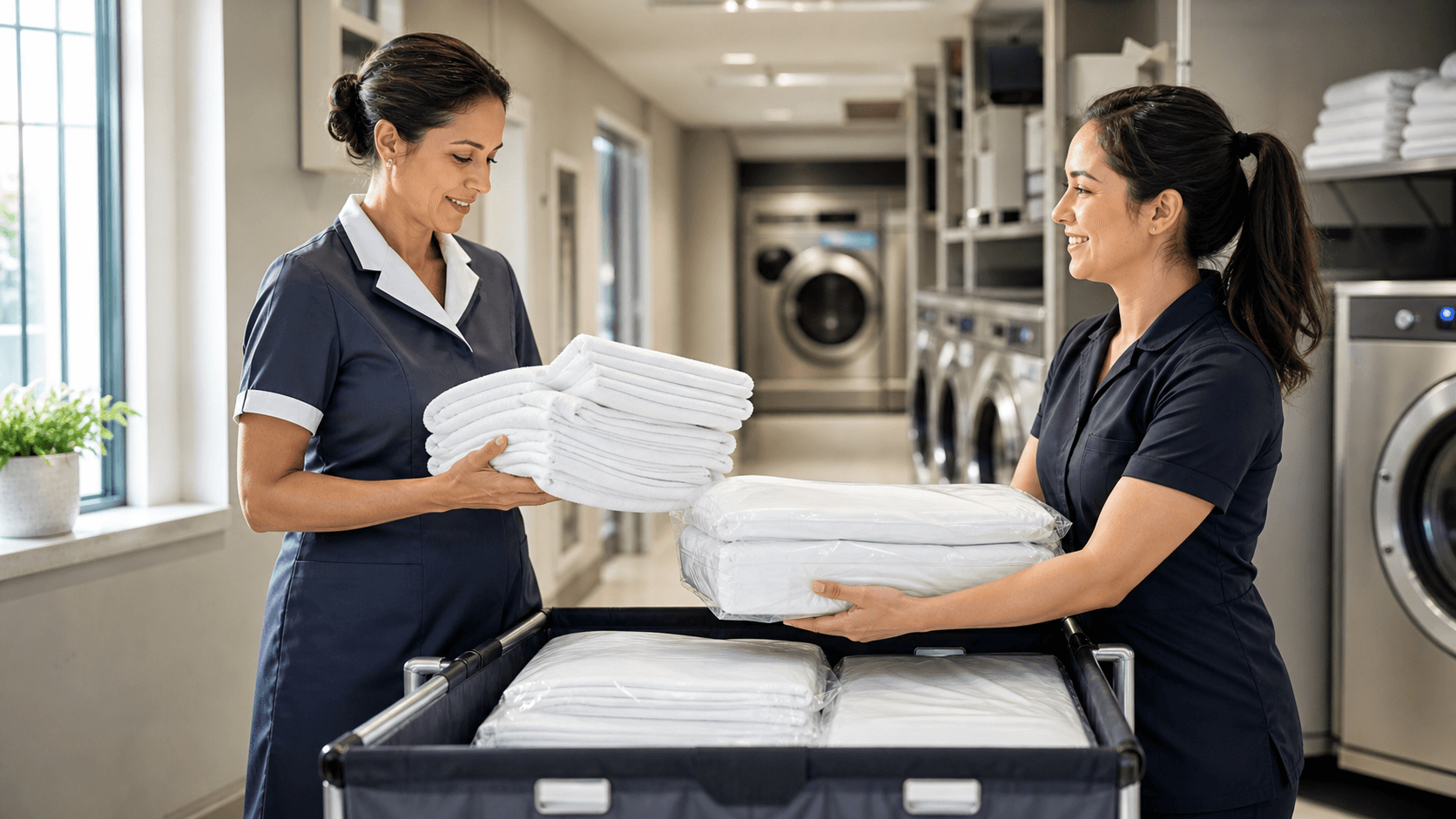 Neatly folded white towels and sheets stacked on a laundry cart in a bright hotel laundry room.