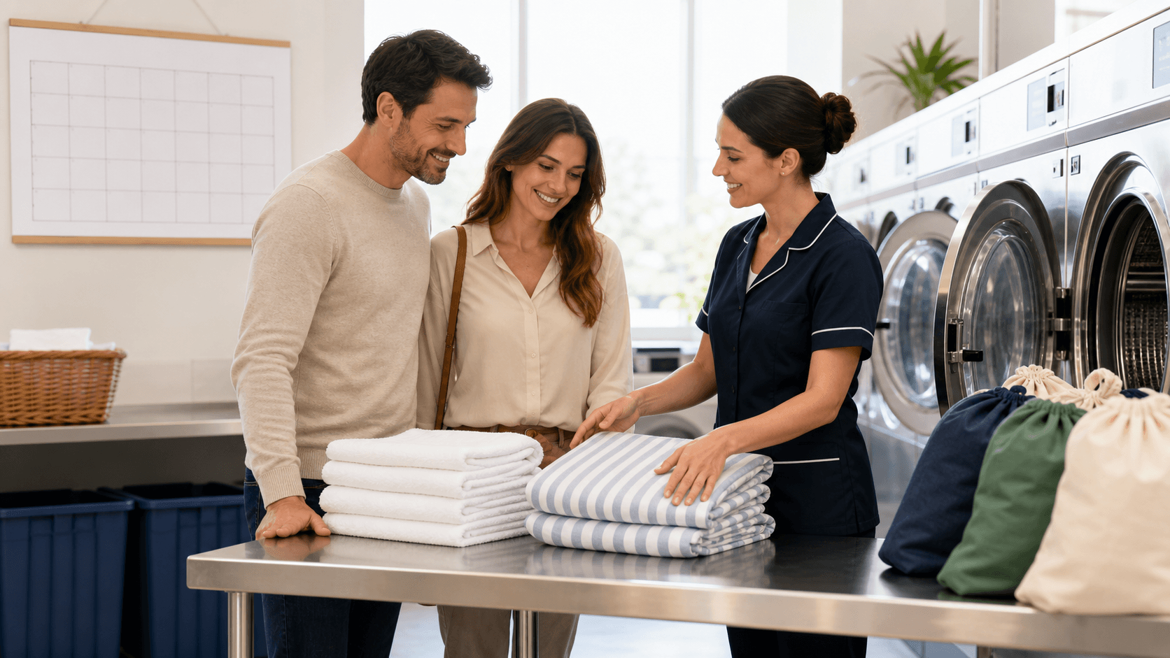 Stack of folded white towels and neatly made bed with crisp linens in soft, bright daylight
