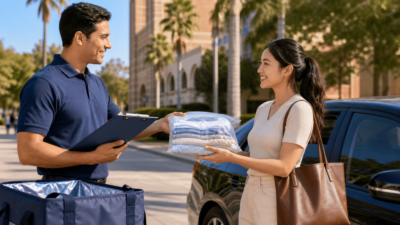Bright blue city map with a red location pin beside a delivery van and a laundry basket of folded clothes.