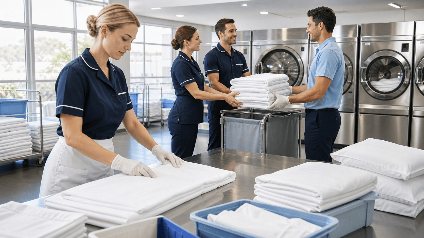 Neatly folded white towels and linens stacked on a rolling cart in a bright, clean laundry room.