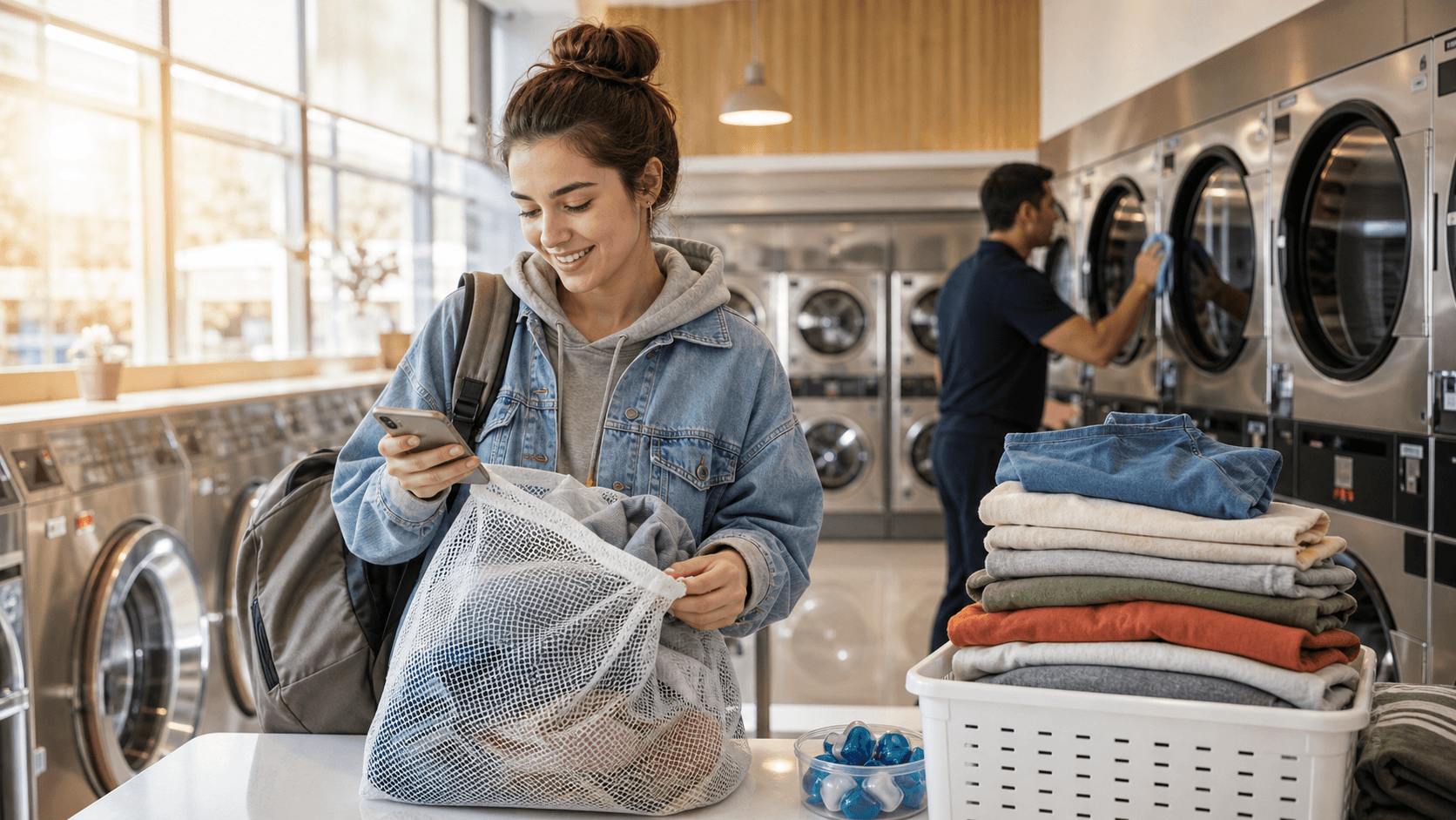 Bright dorm laundry room with stacked washer and dryer, colorful clothes basket, and warm overhead lighting