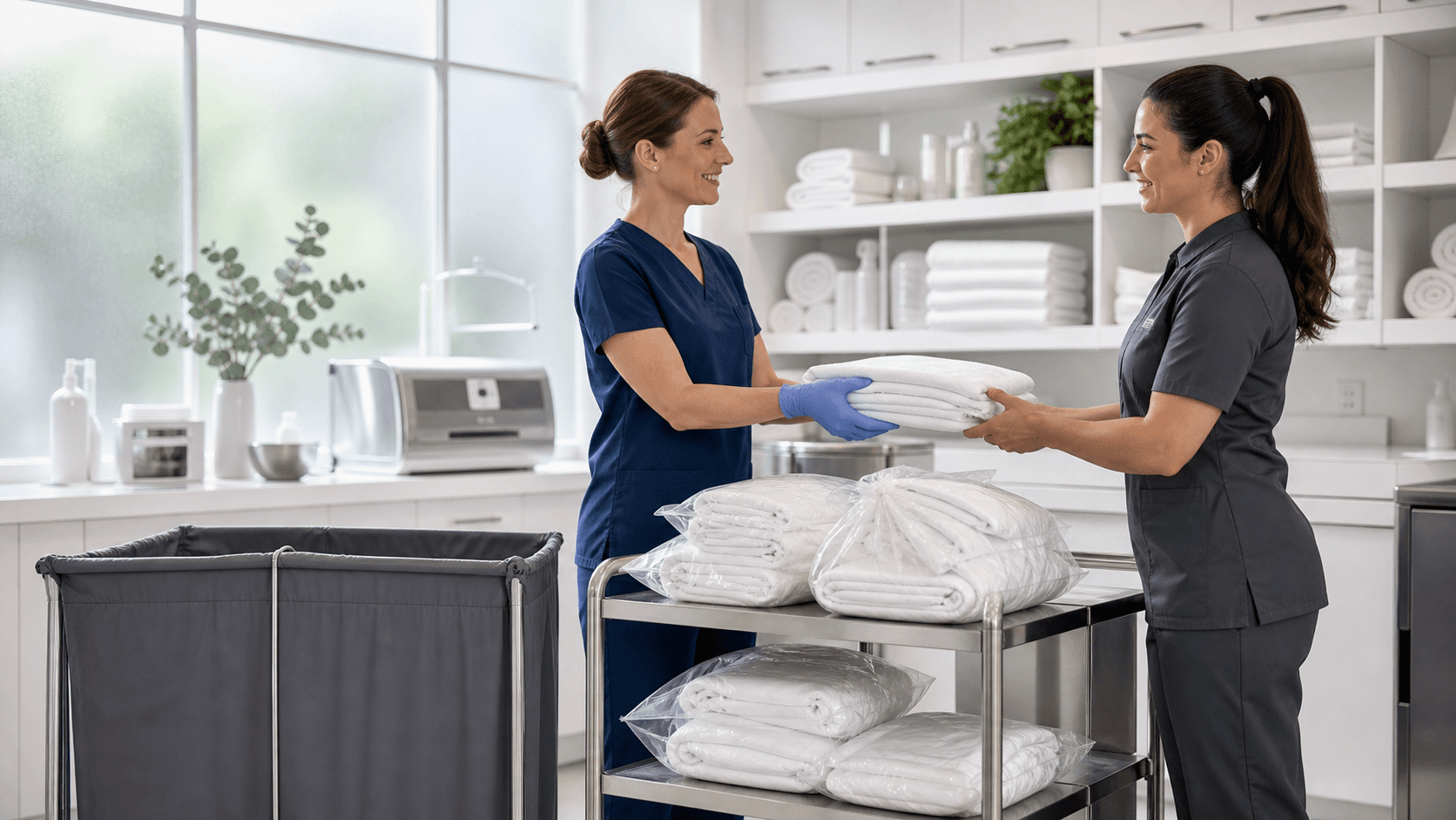 Bright, clean spa laundry room with folded white towels on shelves and a stainless washer under soft lighting.