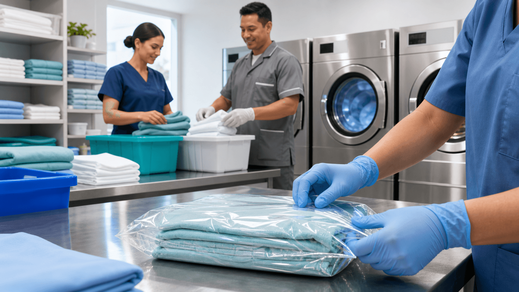 Bright clinical laundry room with folded white linens on a cart beside a washer and detergent bottles.