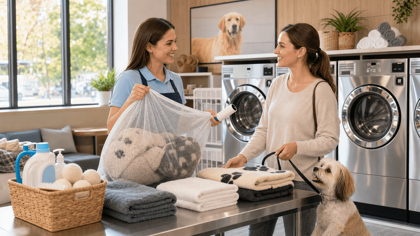 Flat lay of pet grooming tools and folded towels on a bright white surface with soft natural light.