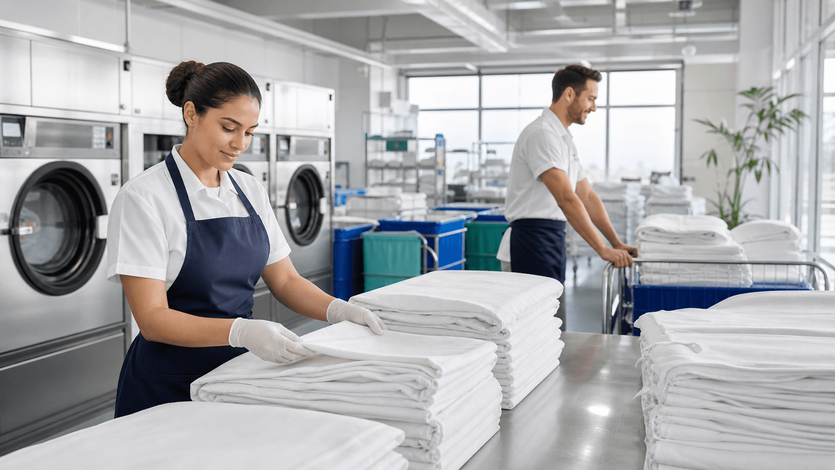 Stainless industrial laundry machines in a bright facility with neatly stacked white linens and warm overhead lighting