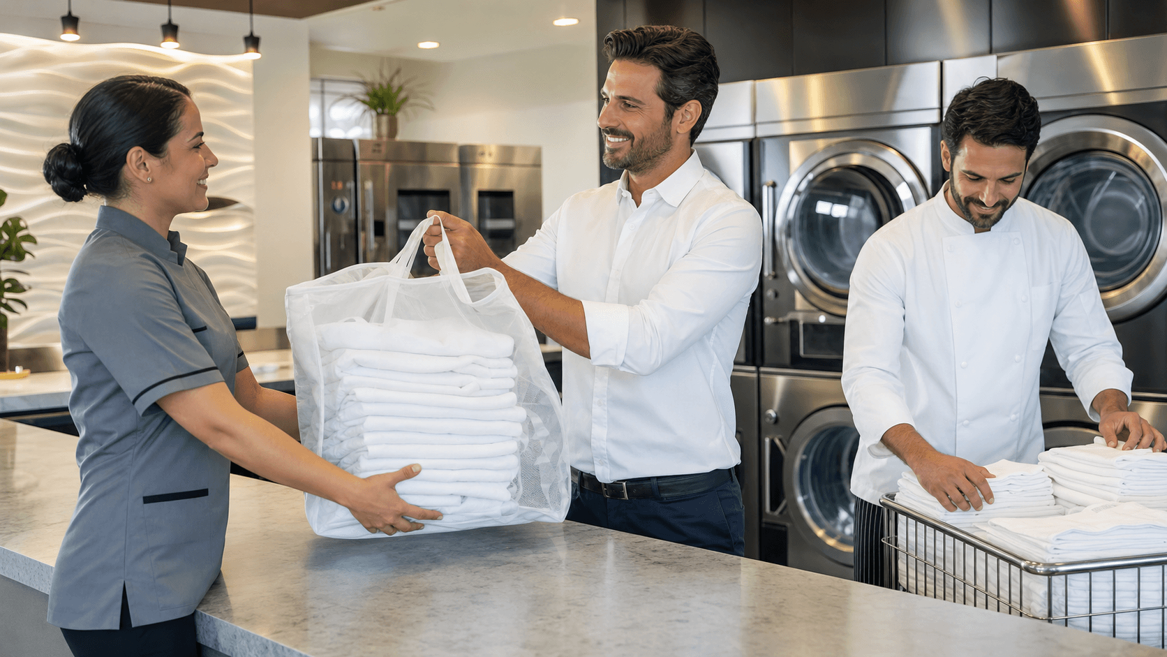 Bright modern laundromat with stainless washers, neatly folded white linens on a cart, warm overhead lighting