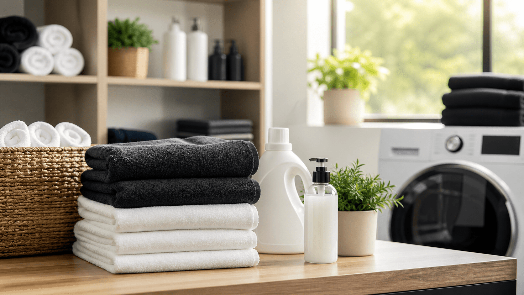 Modern laundry room with stacked stainless washers, neatly folded white towels, and warm sunlight through a window