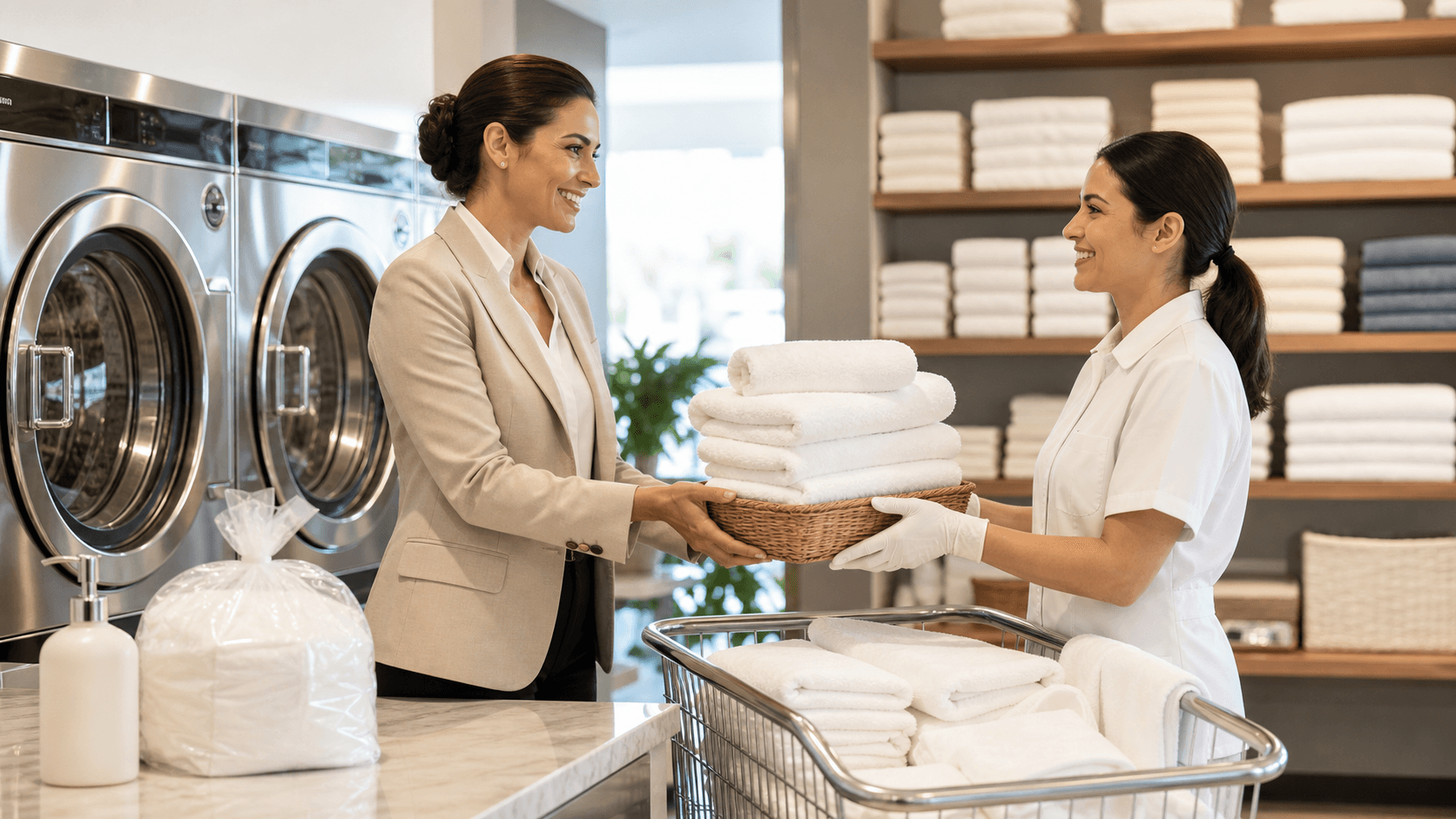 Neatly stacked white towels on a salon counter beside laundry baskets, bright clean lighting with soft neutral tones.