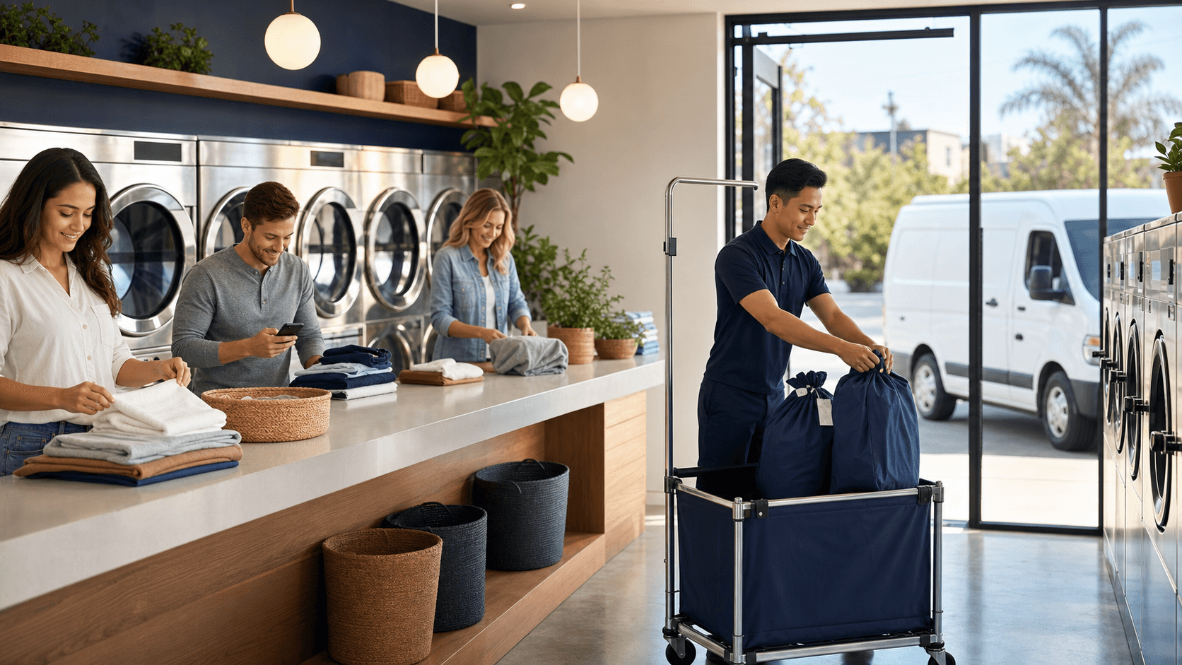 Split-screen: bright shared laundry room with washers left, delivery van and laundry bags on sunny street right