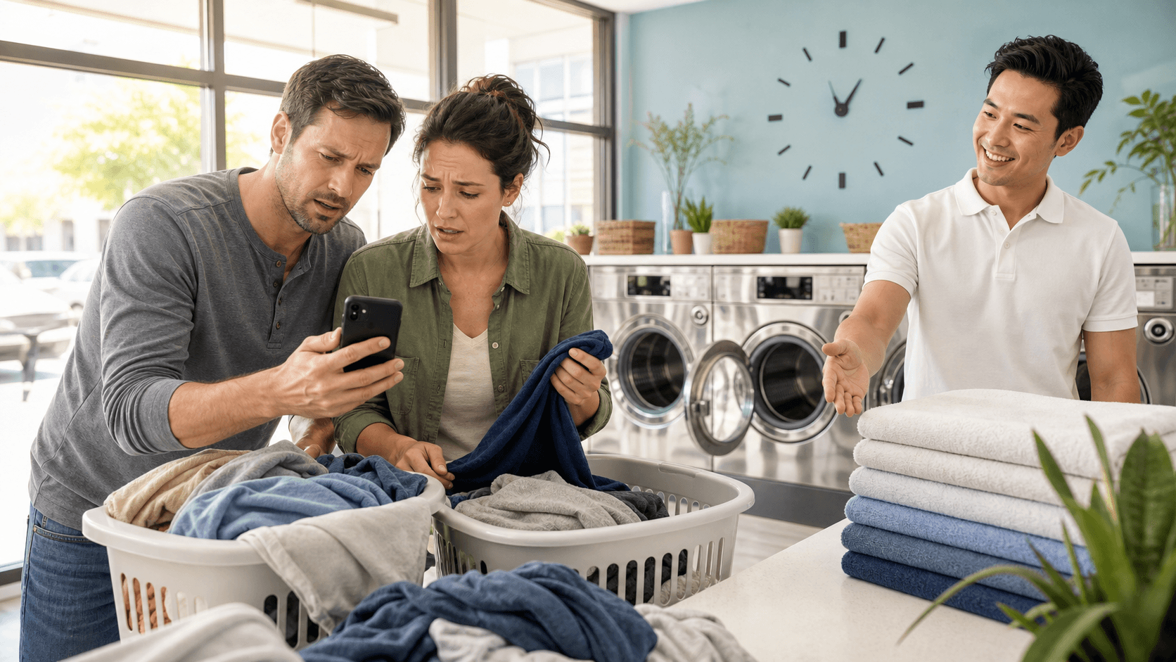 Sunlit laundry room with a pile of colorful clothes, an open washer, and a wall clock showing time passing.