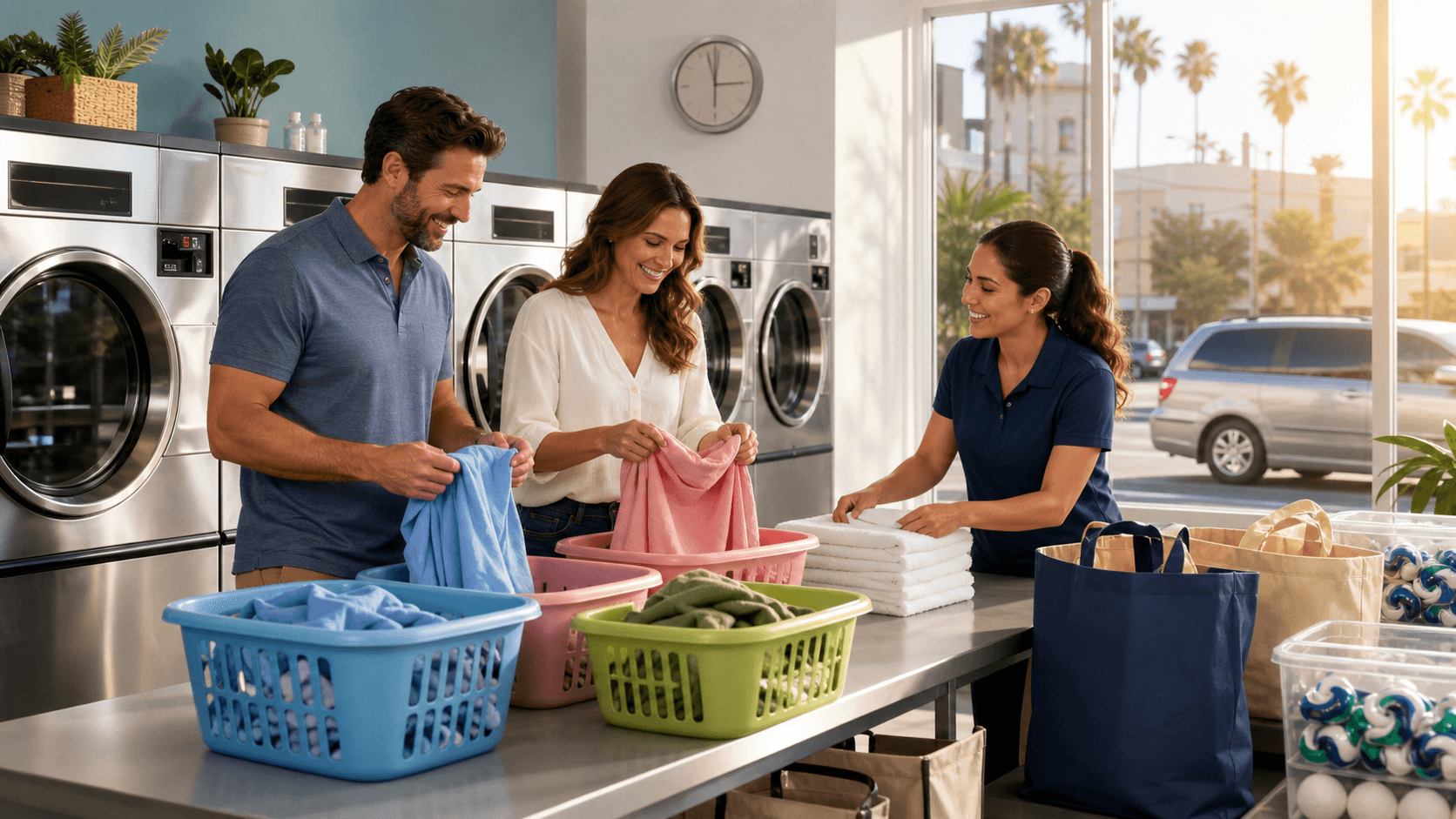 Bright laundry room with stacked washer and dryer, baskets of folded clothes, and a checklist on the wall.