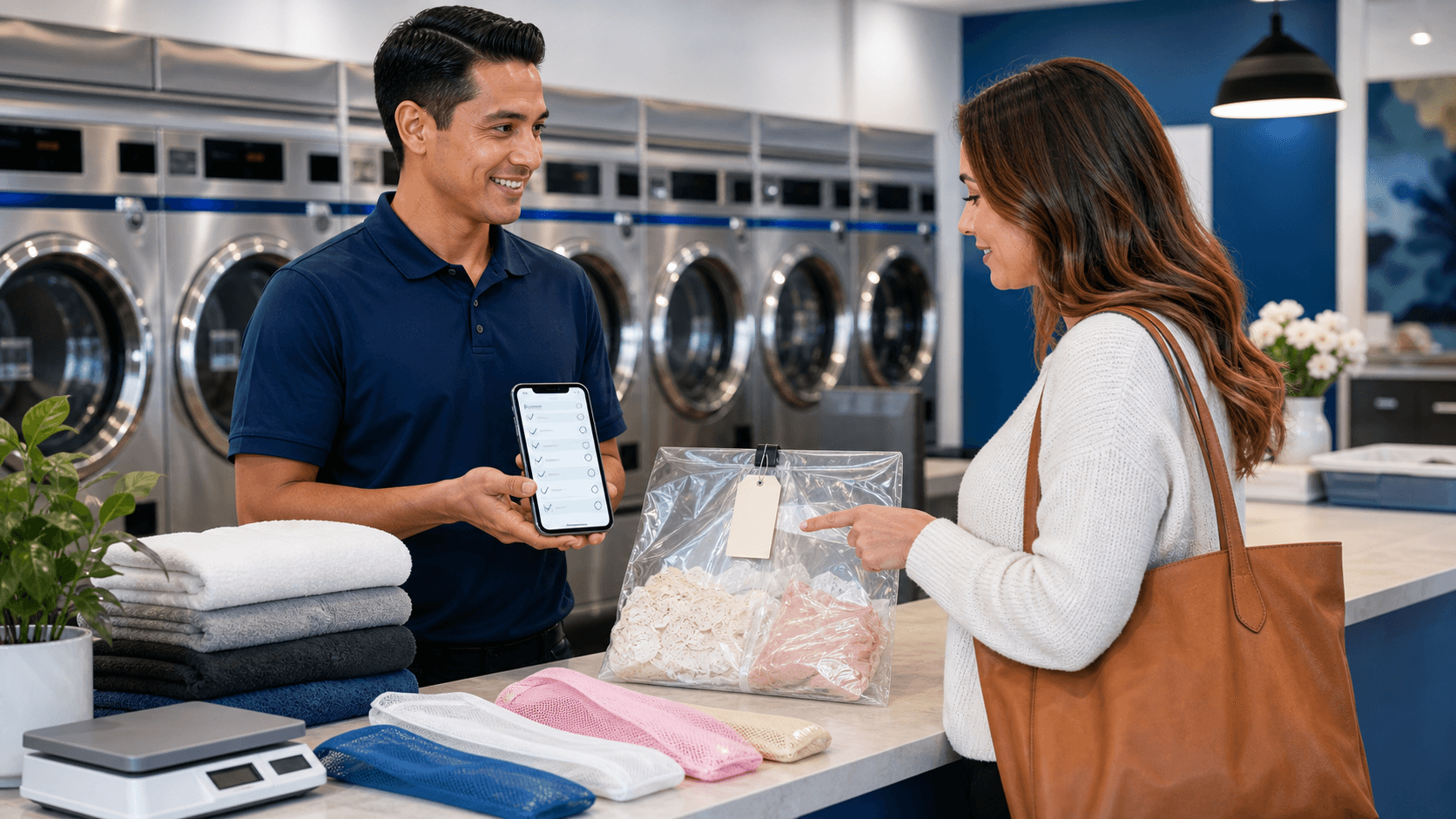 Hand holding a checklist clipboard beside a laundry basket, with folded clothes on a bright, minimalist countertop.