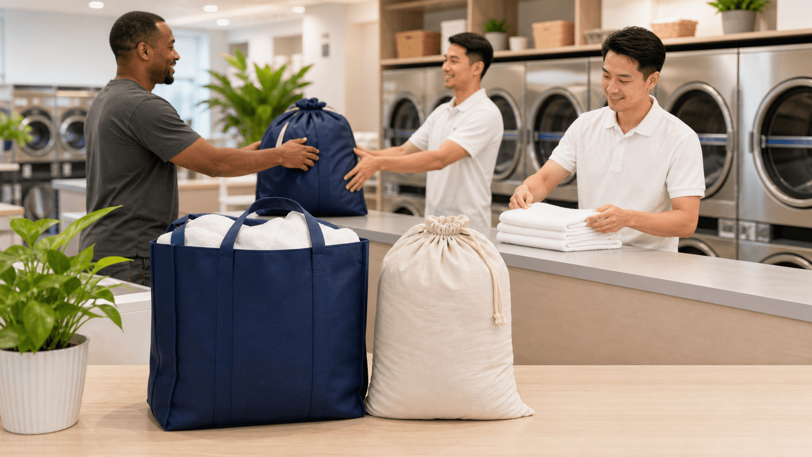 Split-screen of laundry baskets and folded clothes with phone app icons on a bright blue and white background.