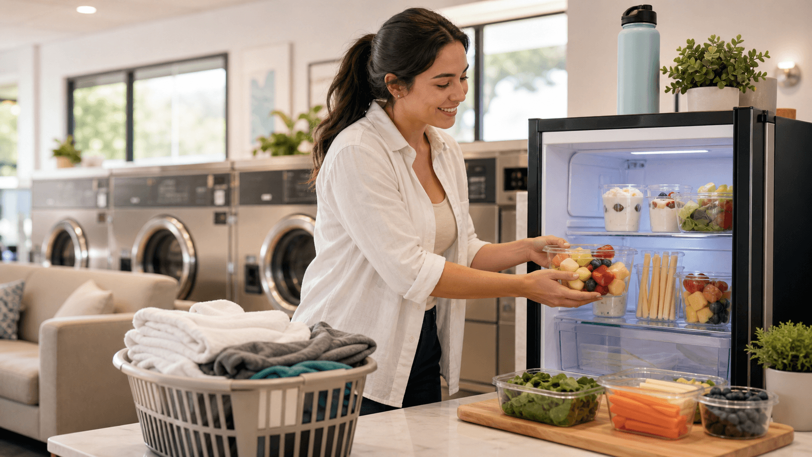 Open refrigerator with neatly stacked snack containers and colorful produce, bright kitchen light, clean minimal layout