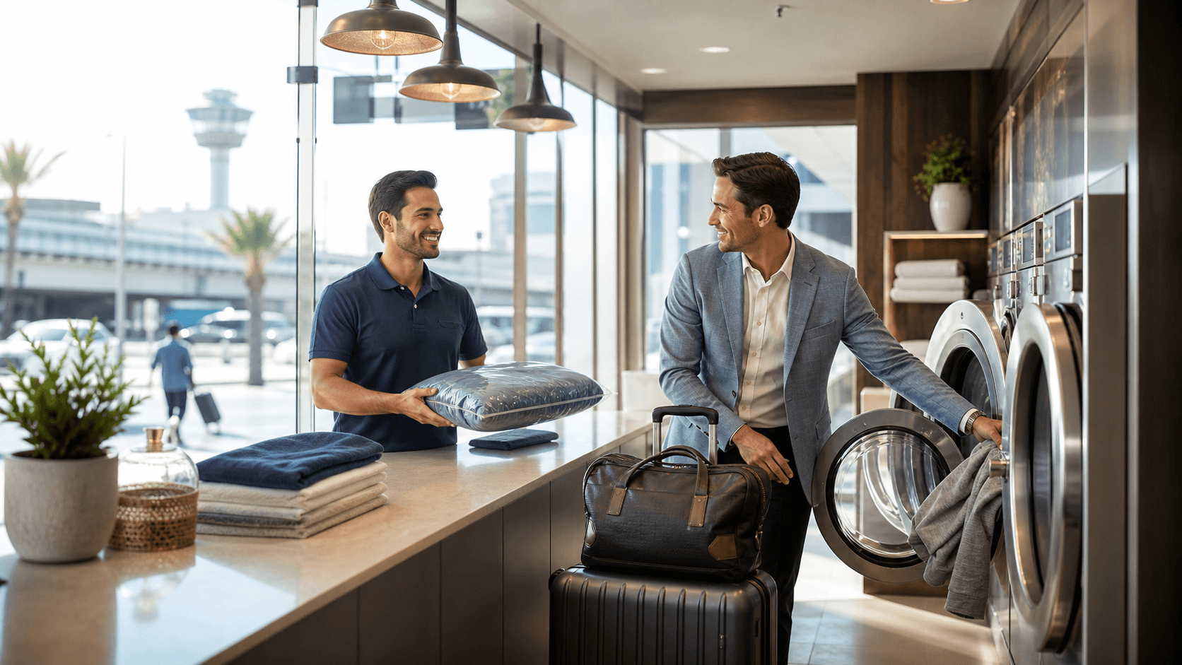 Bright laundromat interior with stainless washers, folding table, and a suitcase near a sunlit window.