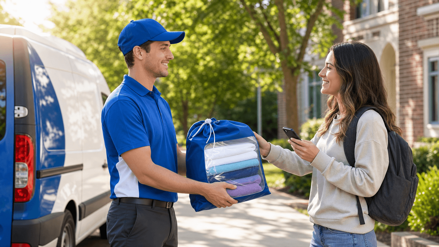 Smiling student holding a laundry basket beside a delivery van on a sunny campus with green trees and brick buildings.