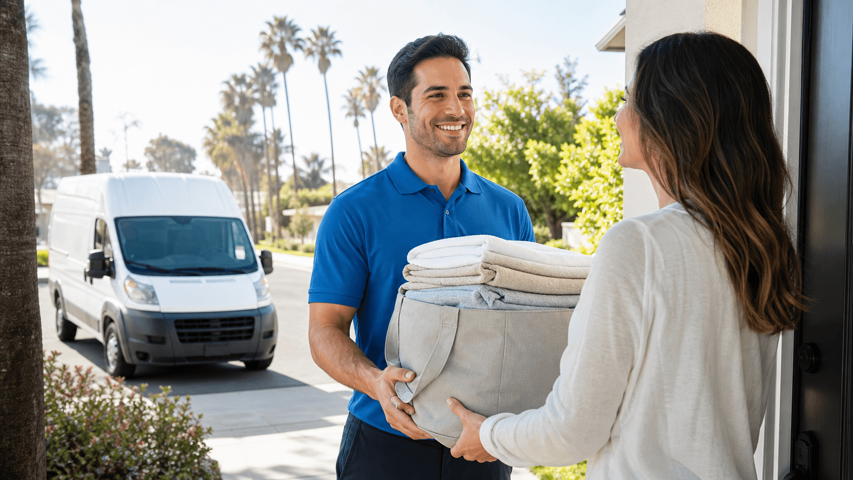 Smiling courier holds a laundry bag beside a delivery van, bright daylight and clean, minimalist background.