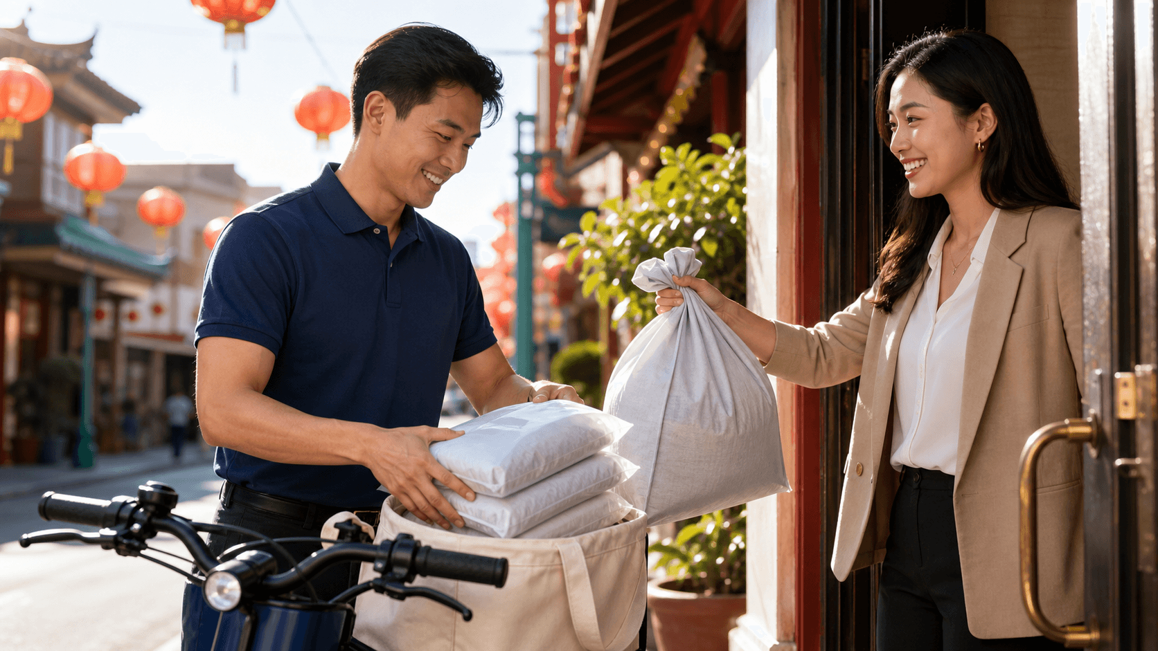 Delivery person holding a bag of folded laundry on a sunlit Chinatown street with red lanterns overhead