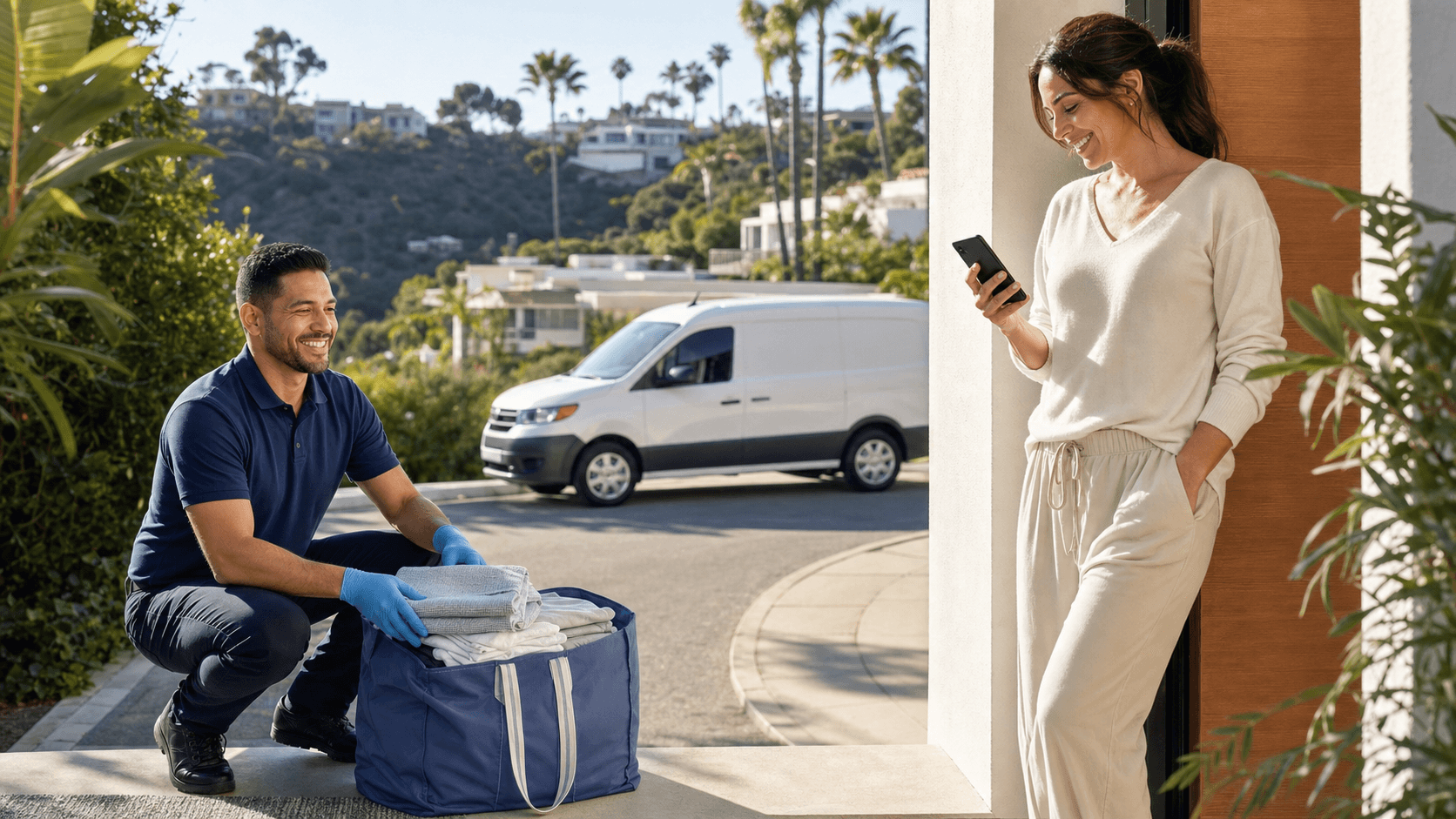Sunlit modern laundry bag with folded white towels beside a pickup van on a hillside street with palm trees