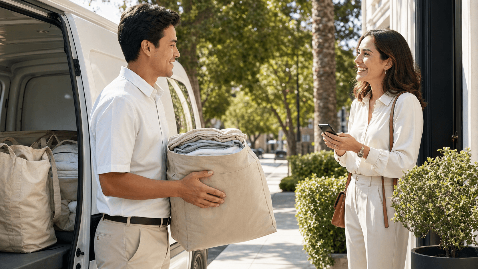 Smiling courier in blue uniform holding a laundry bag at a sunny suburban doorstep with green trees.