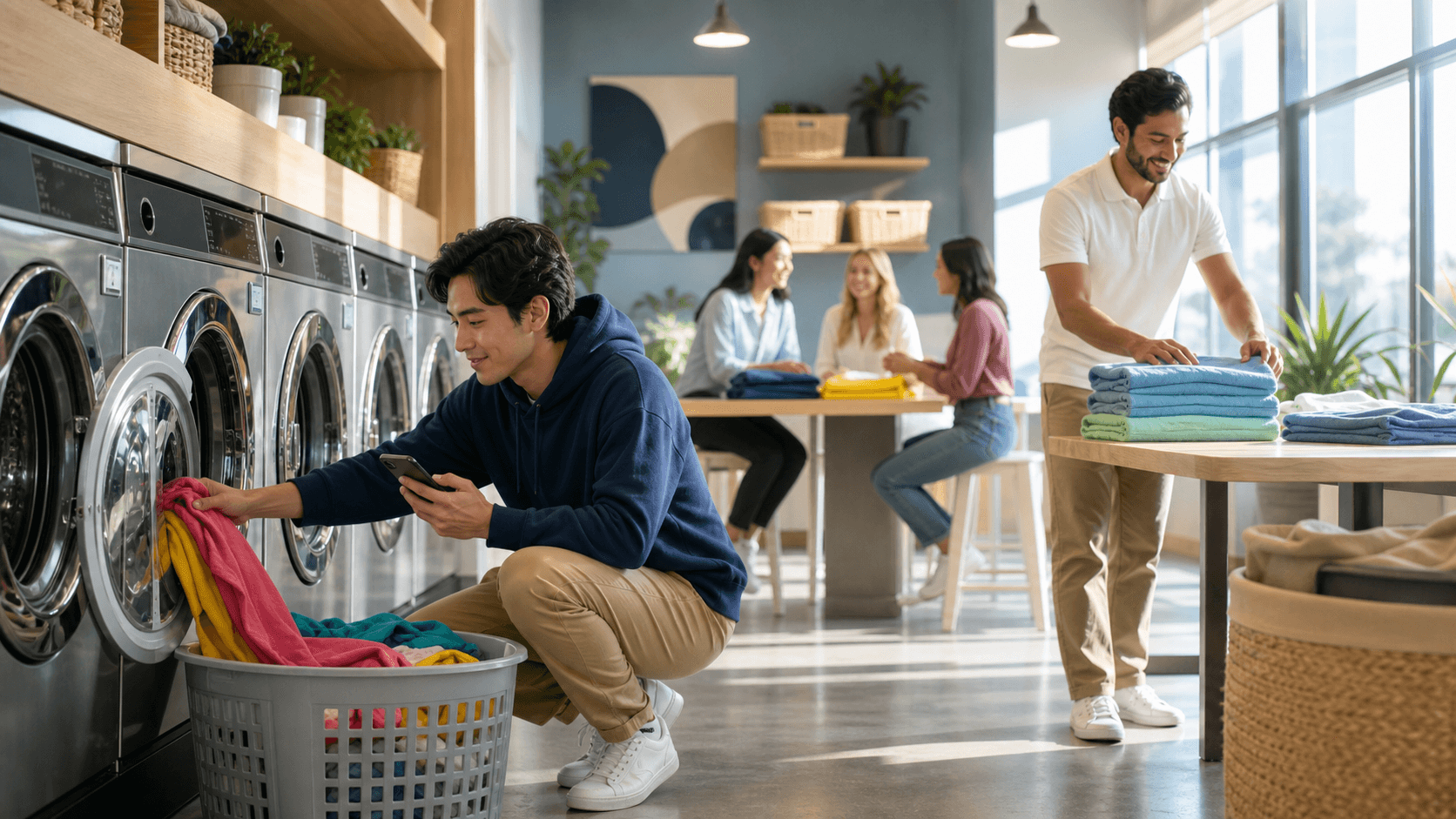 Smiling teen folding colorful clothes beside a laundry basket and washing machine in a bright, tidy room
