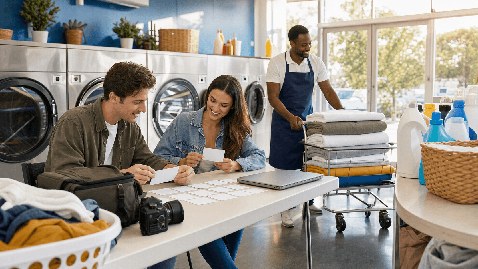 Sunlit modern laundry room with stacked washers, a wicker basket of folded clothes, and a blue detergent bottle.