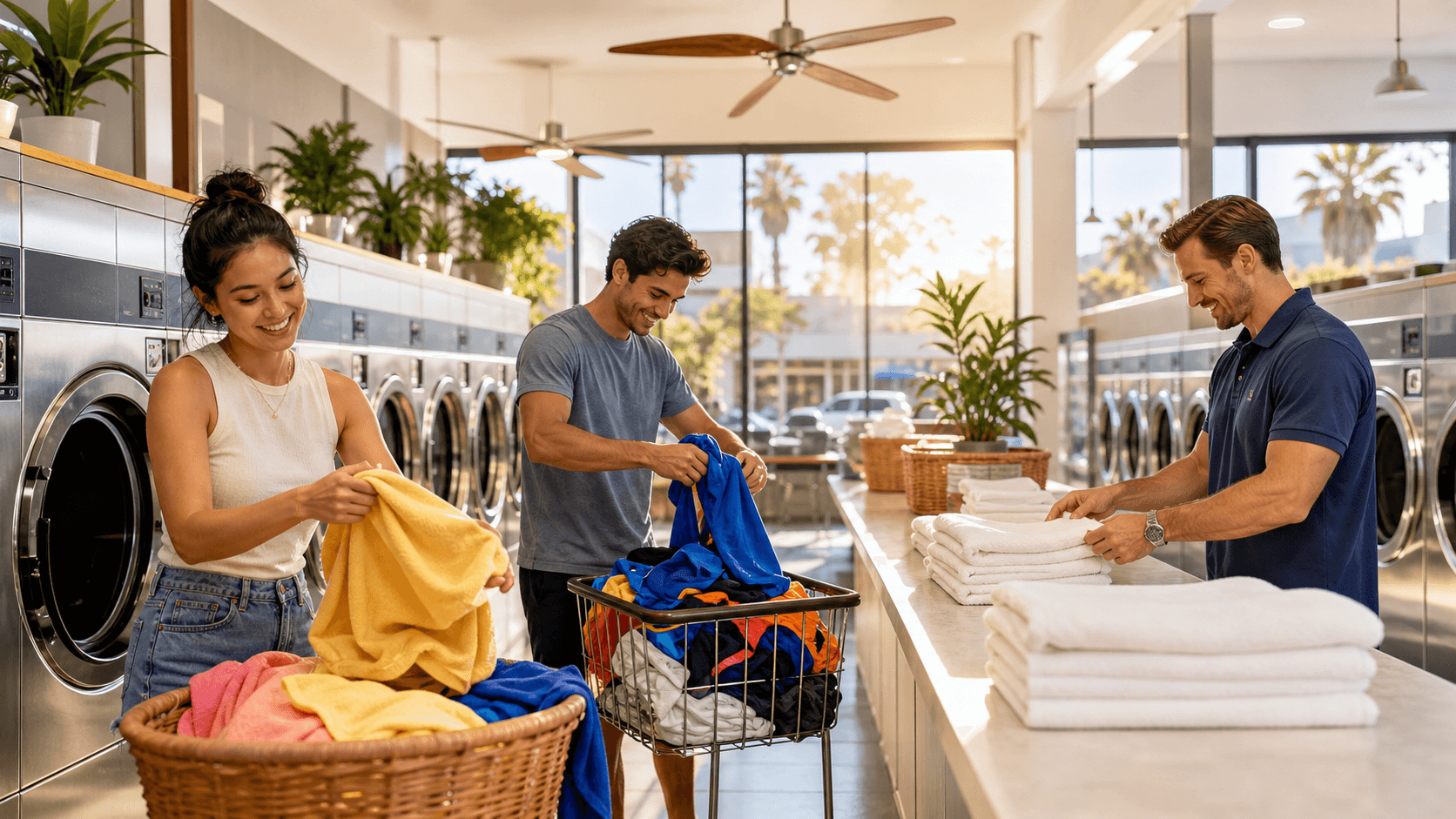 Sunlit backyard clothesline with colorful shirts and towels fluttering, laundry basket in foreground, blue sky behind