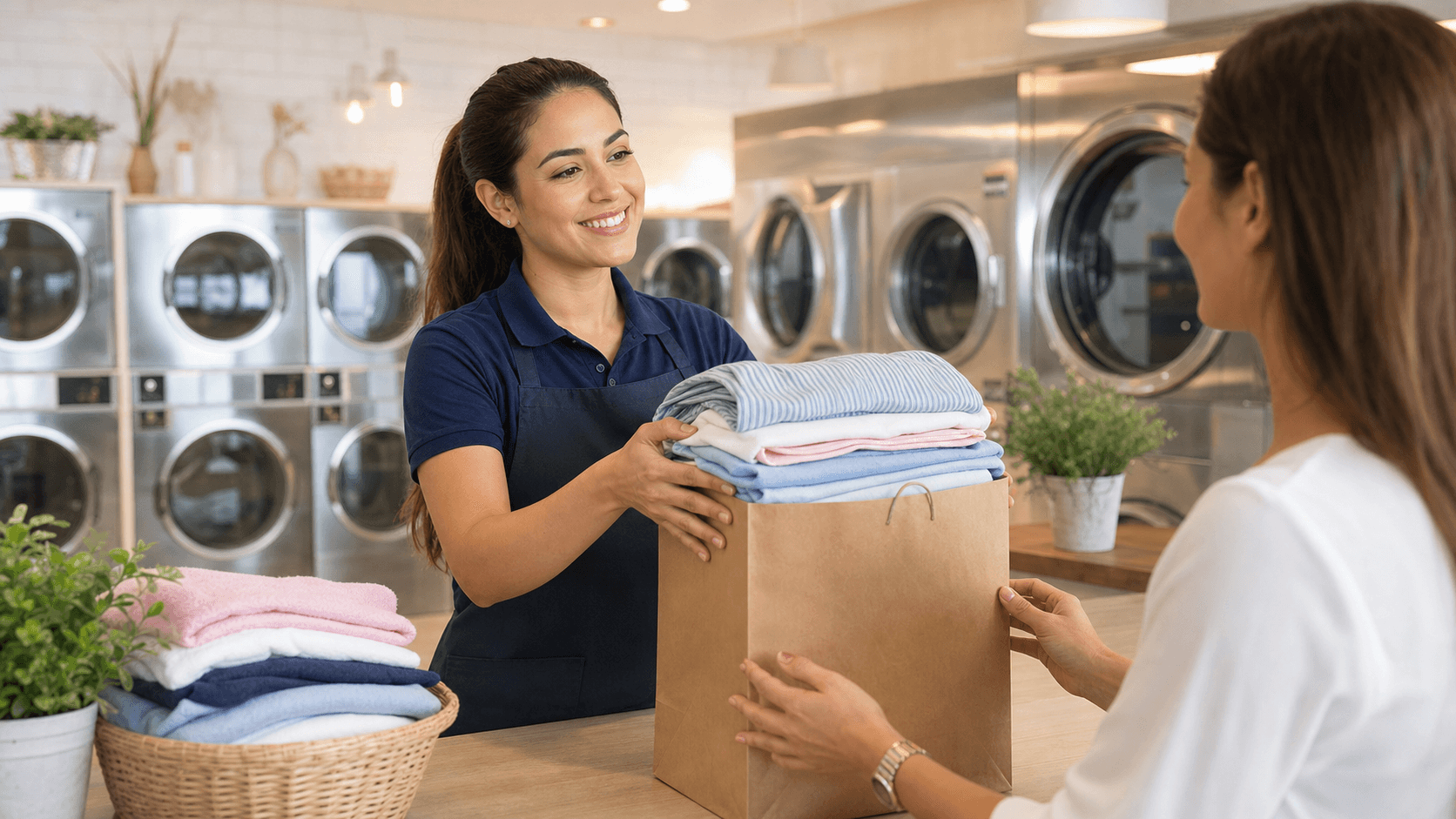 Sunlit laundry room scene with neatly folded towels and shirts stacked on a white table beside a wicker basket
