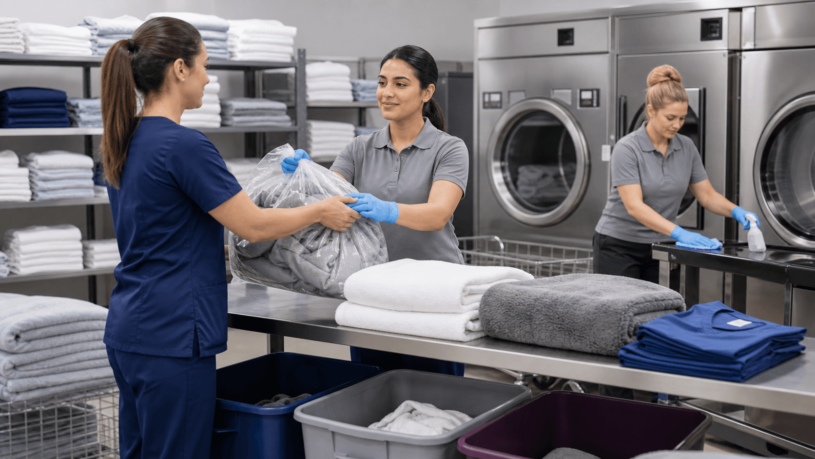 Bright, modern laundry room with stainless washers, folded white towels, and paw-print icons on a clean blue wall