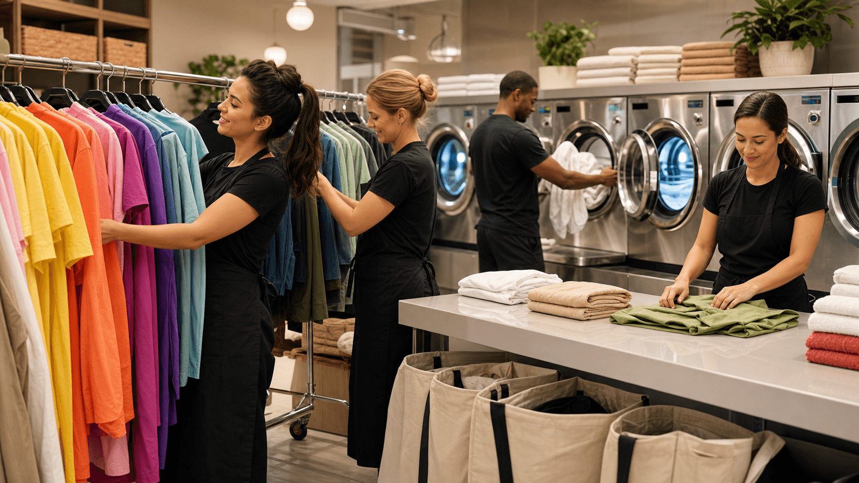 Laundry carts and hanging costumes in a bright wardrobe room, with washers, folding table, and warm lighting