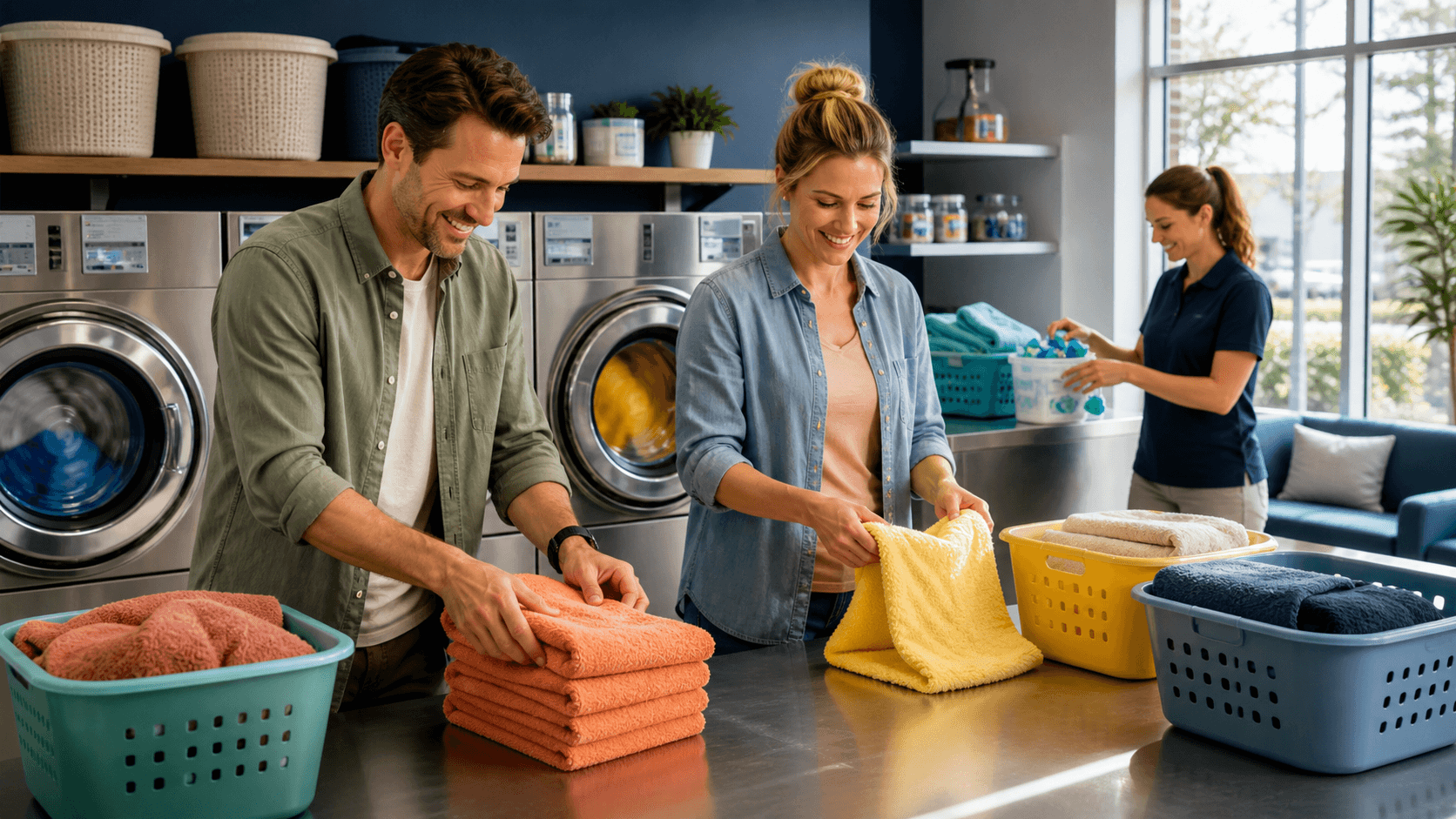 Bright laundry room with stacked washer and dryer, colorful baskets, folded towels on a sunlit counter.