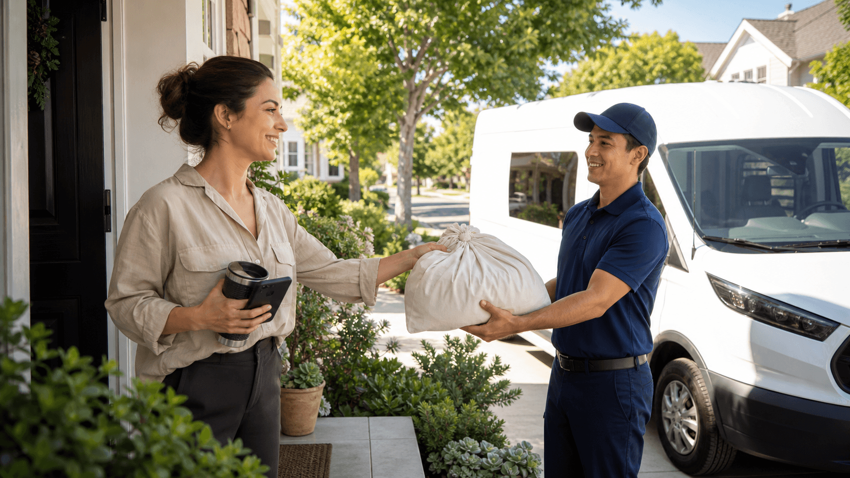 Smiling parent in a bright kitchen holding a laundry basket as a delivery van stops outside the window.