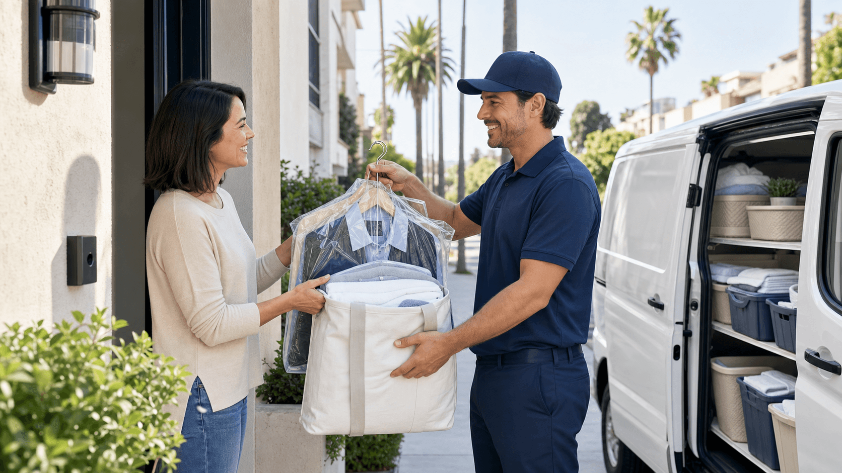 Neatly folded pastel clothes in a wicker basket by a sunlit front door with a delivery bag and hanging shirts.