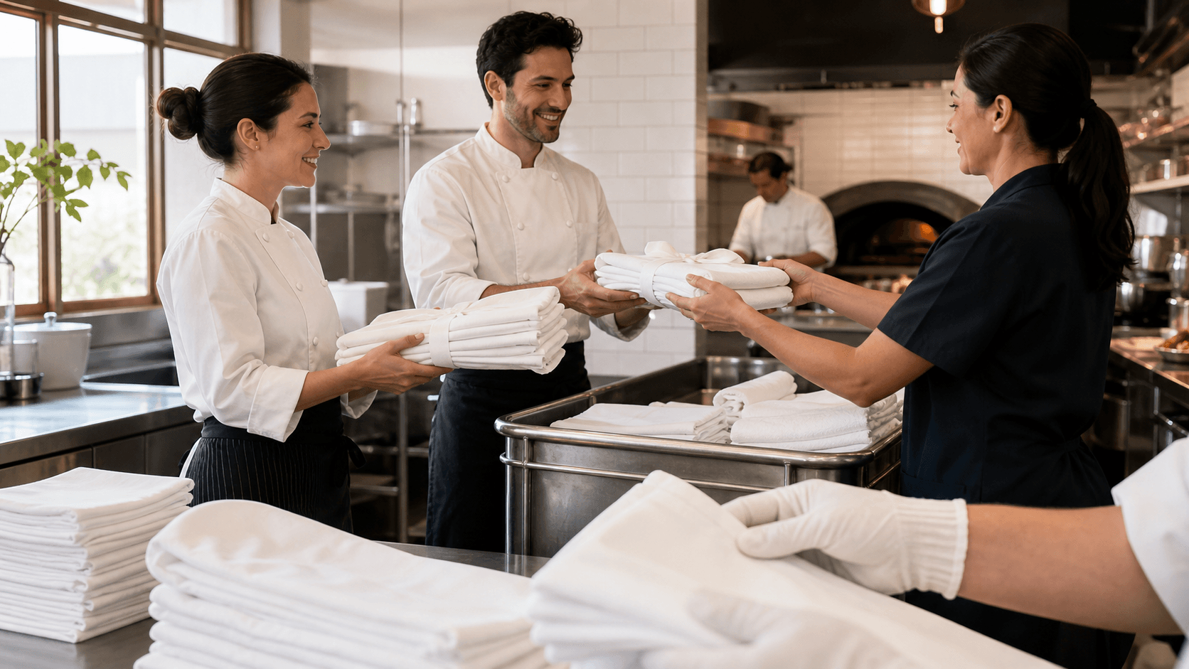 Stack of folded white linens and aprons on a stainless counter in a bright commercial kitchen.